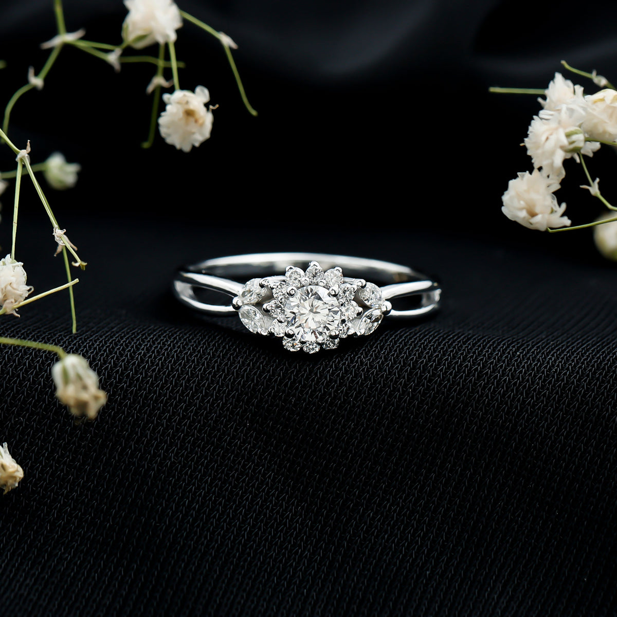Diamond Flower Engagement Ring with Split Shank Natural - ( HI-SI ) - Rosec Jewels
