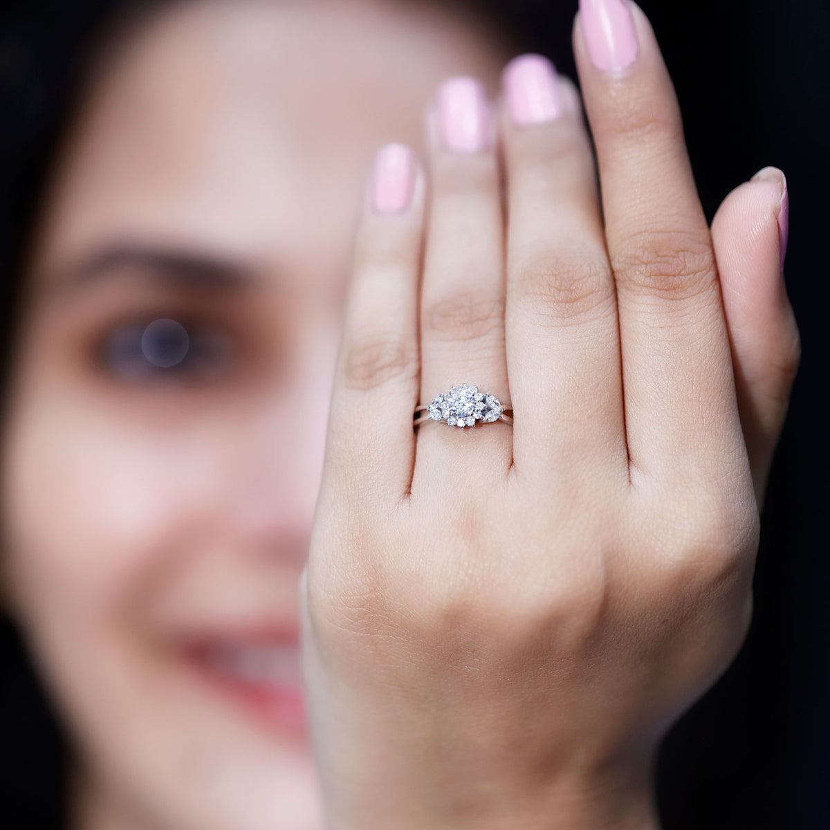 Diamond Flower Engagement Ring with Split Shank Natural - ( HI-SI ) - Rosec Jewels