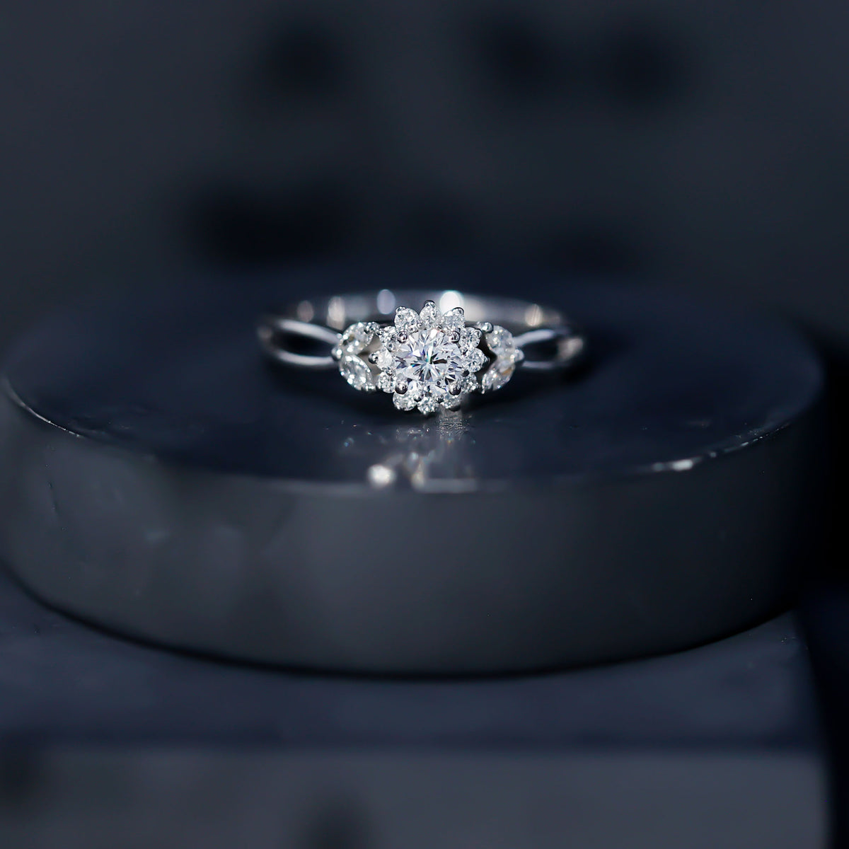 Diamond Flower Engagement Ring with Split Shank Natural - ( HI-SI ) - Rosec Jewels