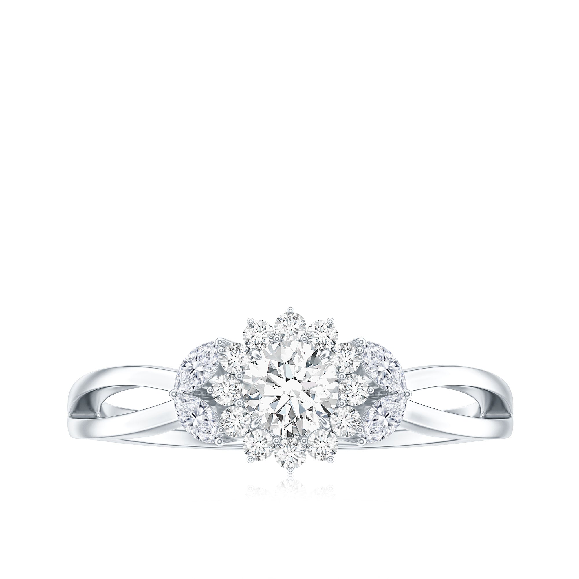 Diamond Flower Engagement Ring with Split Shank Natural - ( HI-SI ) - Rosec Jewels