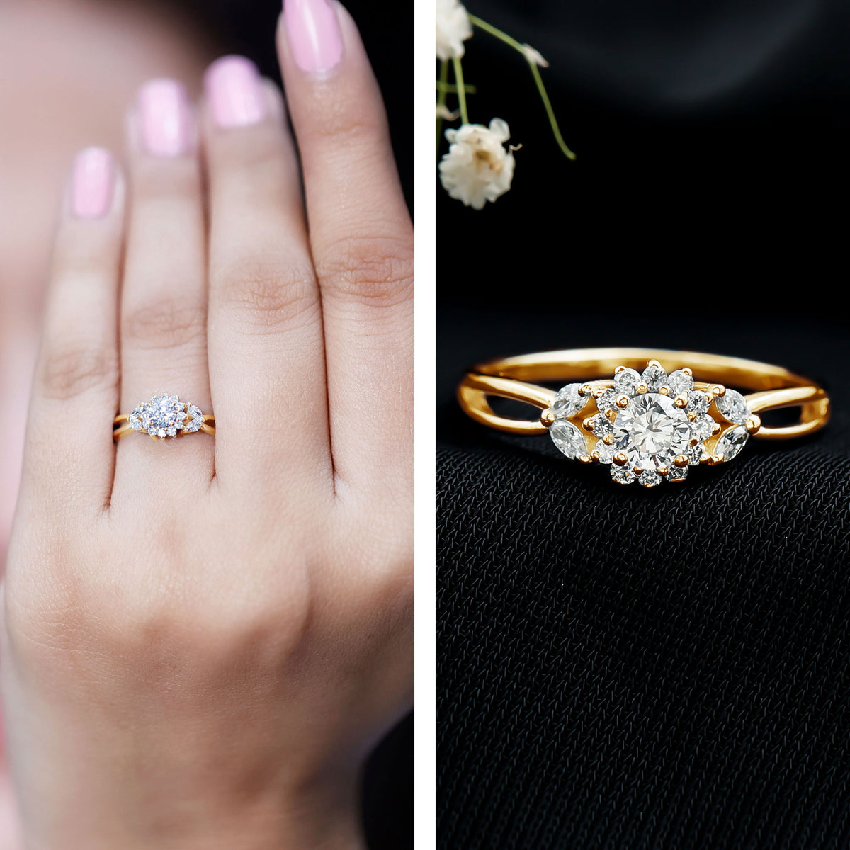Diamond Flower Engagement Ring with Split Shank Natural - ( HI-SI ) - Rosec Jewels