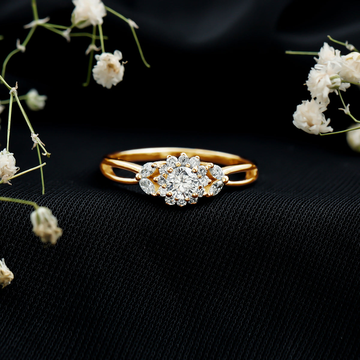 Diamond Flower Engagement Ring with Split Shank Natural - ( HI-SI ) - Rosec Jewels
