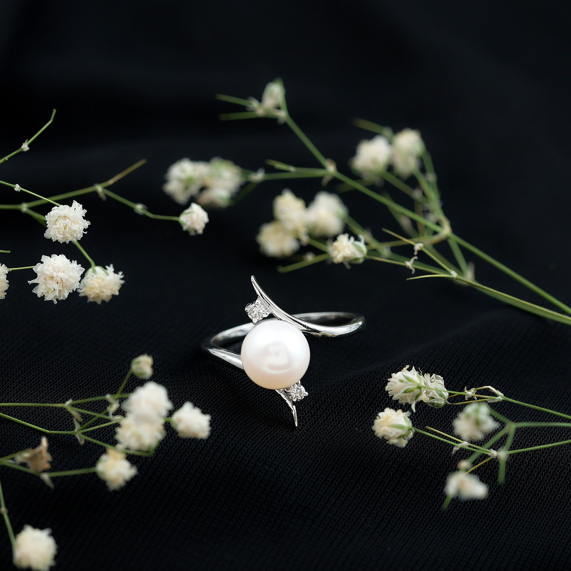 Rosec Jewels-Cultured 7.4 Carat Freshwater Pearl Engagement Ring with Diamond Bypass Shank