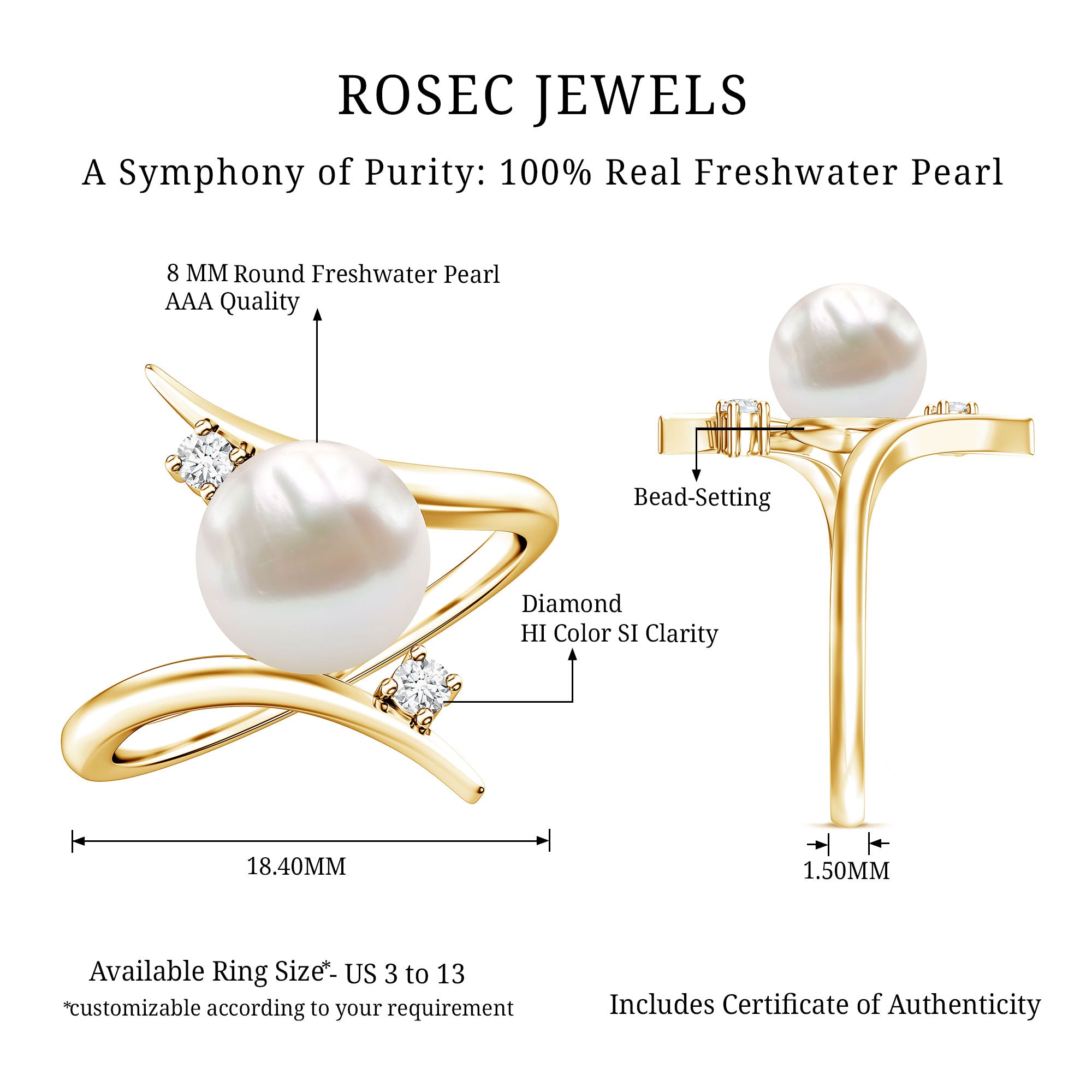 Cultured 7.4 Carat Freshwater Pearl Engagement Ring with Diamond Bypass Shank AAA - Rosec Jewels