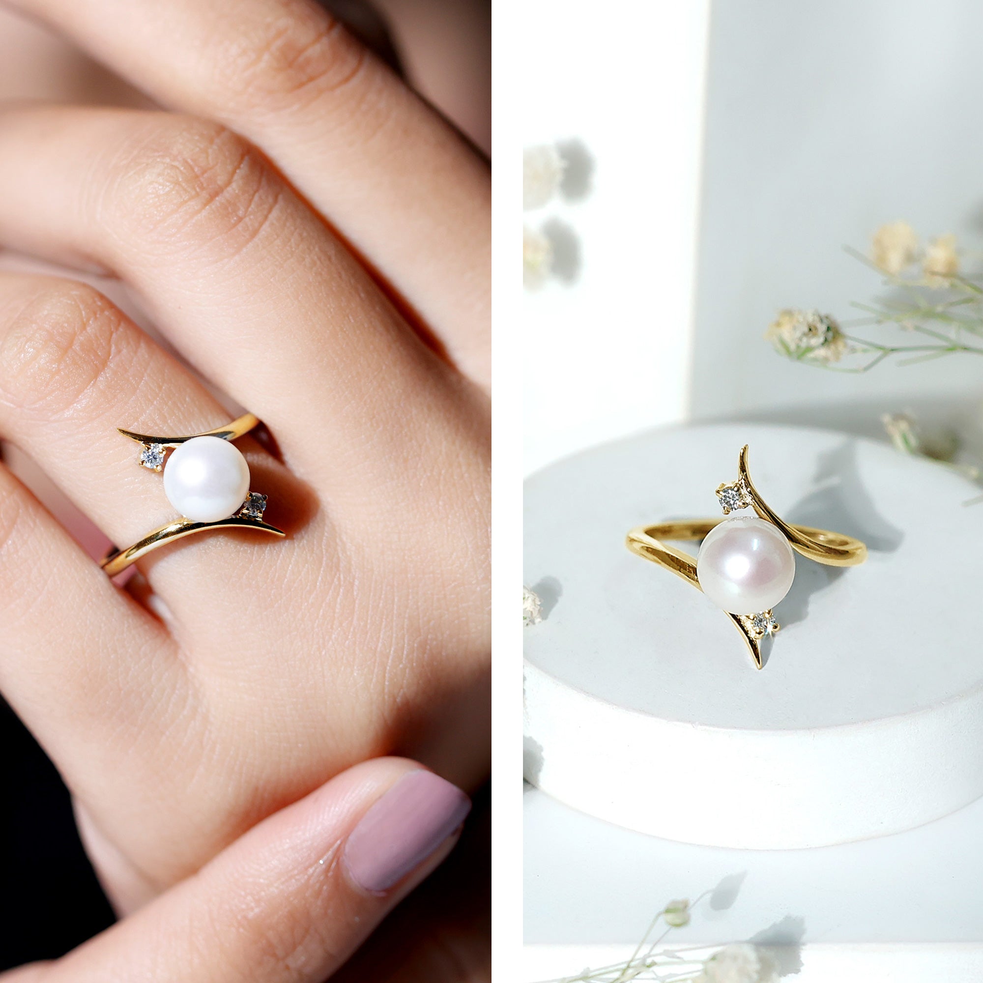 Cultured 7.4 Carat Freshwater Pearl Engagement Ring with Diamond Bypass Shank AAA - Rosec Jewels