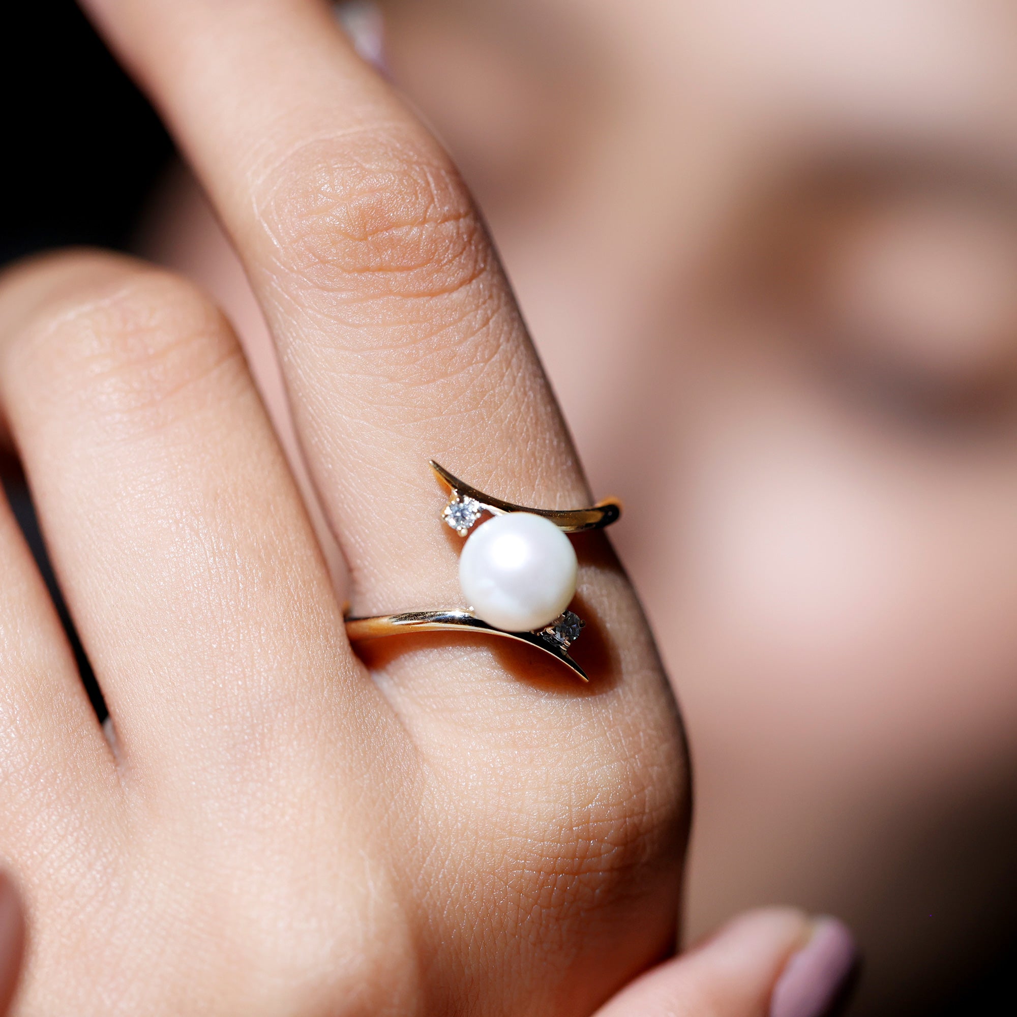 Rosec Jewels-Cultured 7.4 Carat Freshwater Pearl Engagement Ring with Diamond Bypass Shank