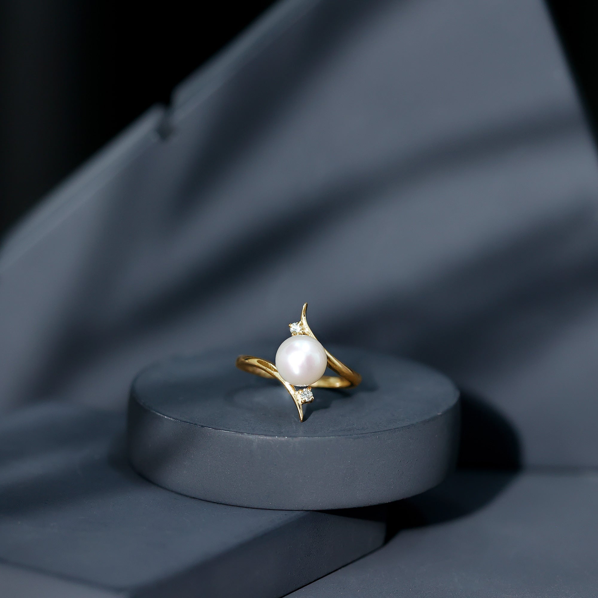Cultured 7.4 Carat Freshwater Pearl Engagement Ring with Diamond Bypass Shank AAA - Rosec Jewels