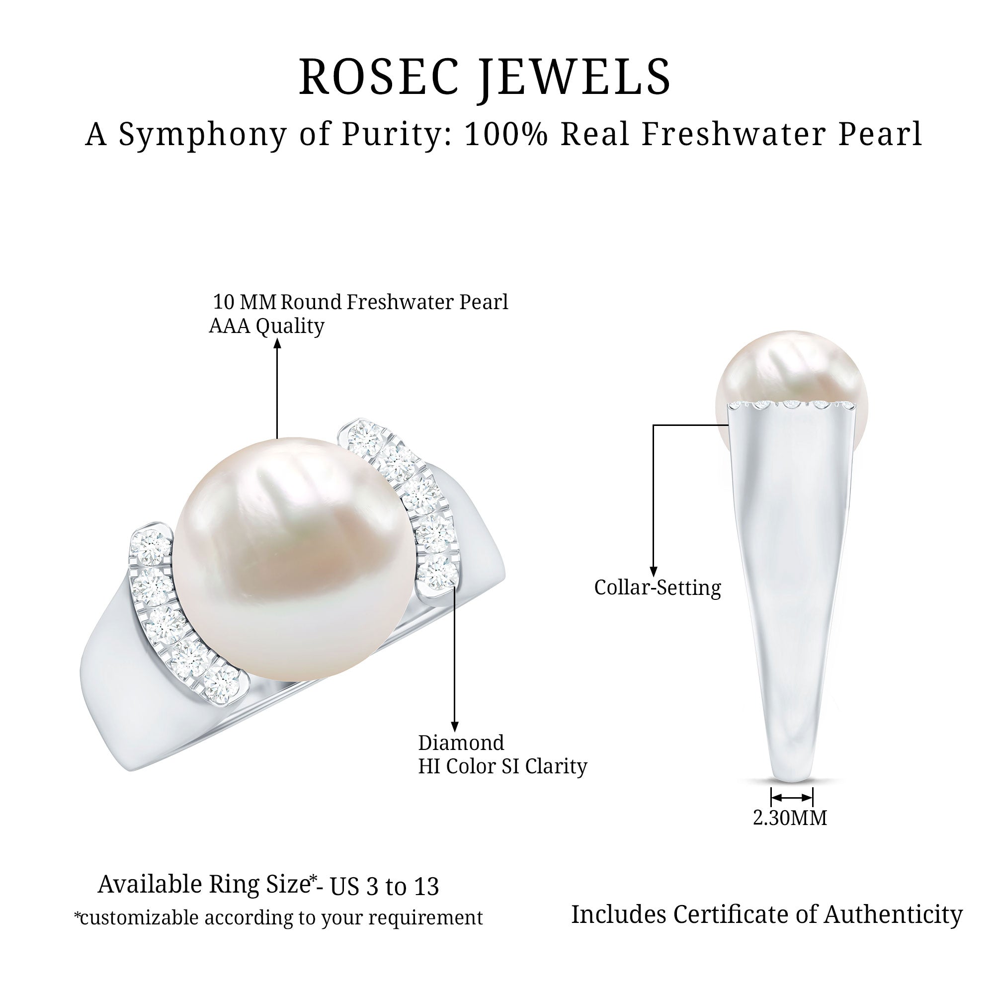 8 Carat Freshwater Pearl Statement Engagement Ring with Diamond AAA - Rosec Jewels