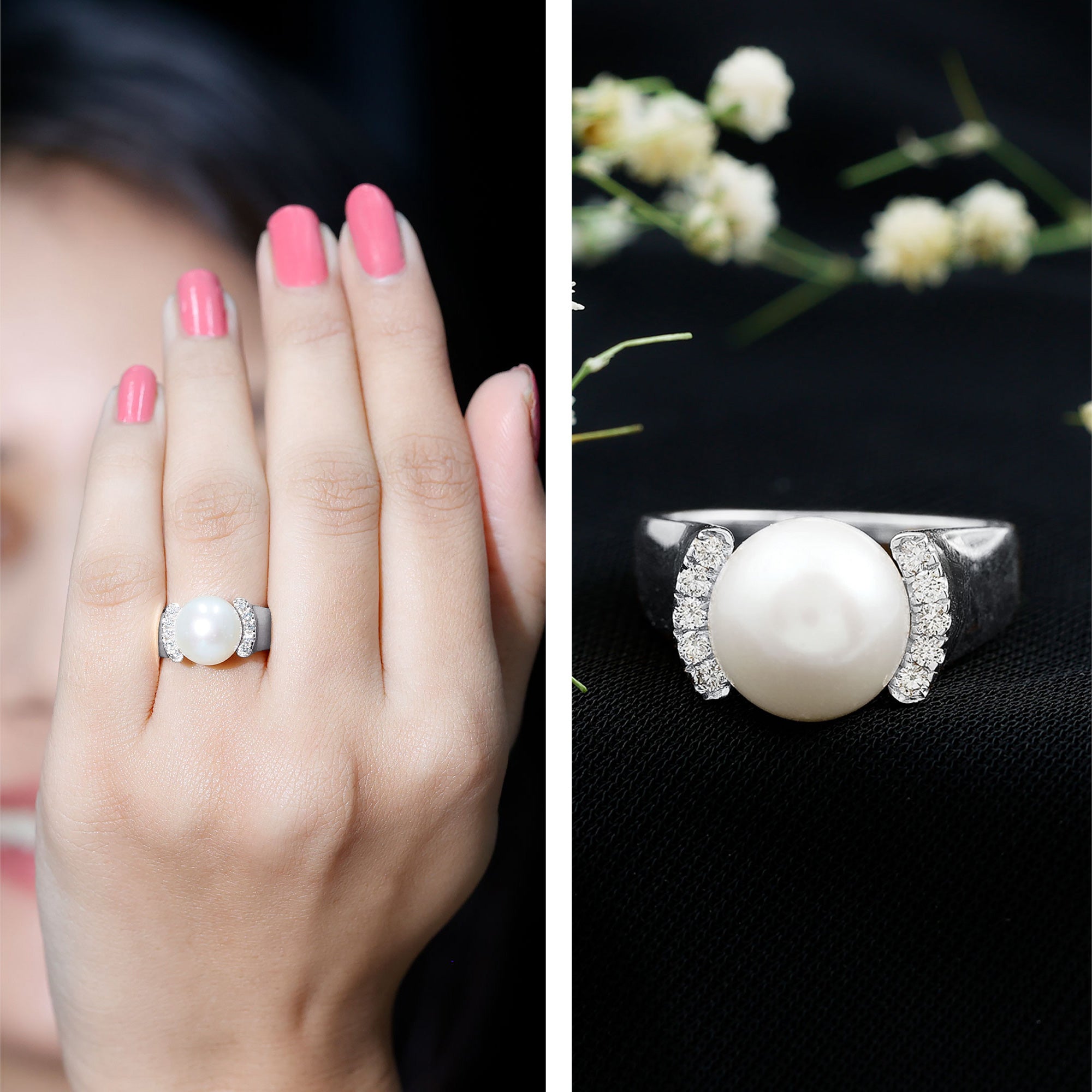 8 Carat Freshwater Pearl Statement Engagement Ring with Diamond AAA - Rosec Jewels