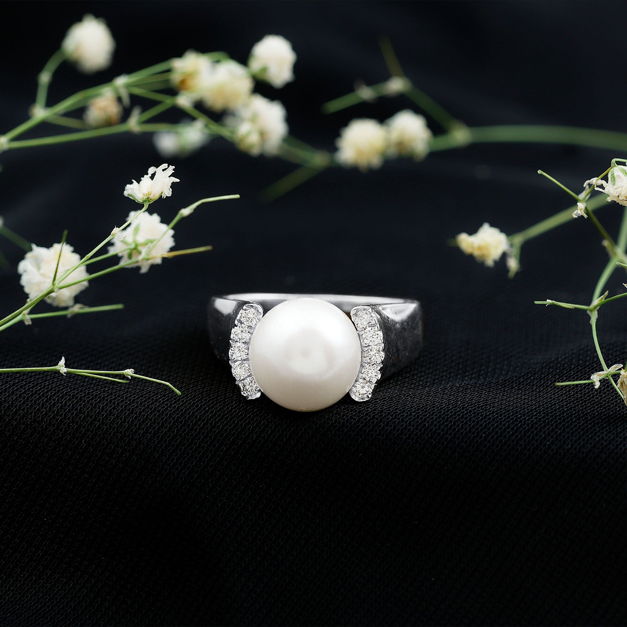 8 Carat Freshwater Pearl Statement Engagement Ring with Diamond AAA - Rosec Jewels