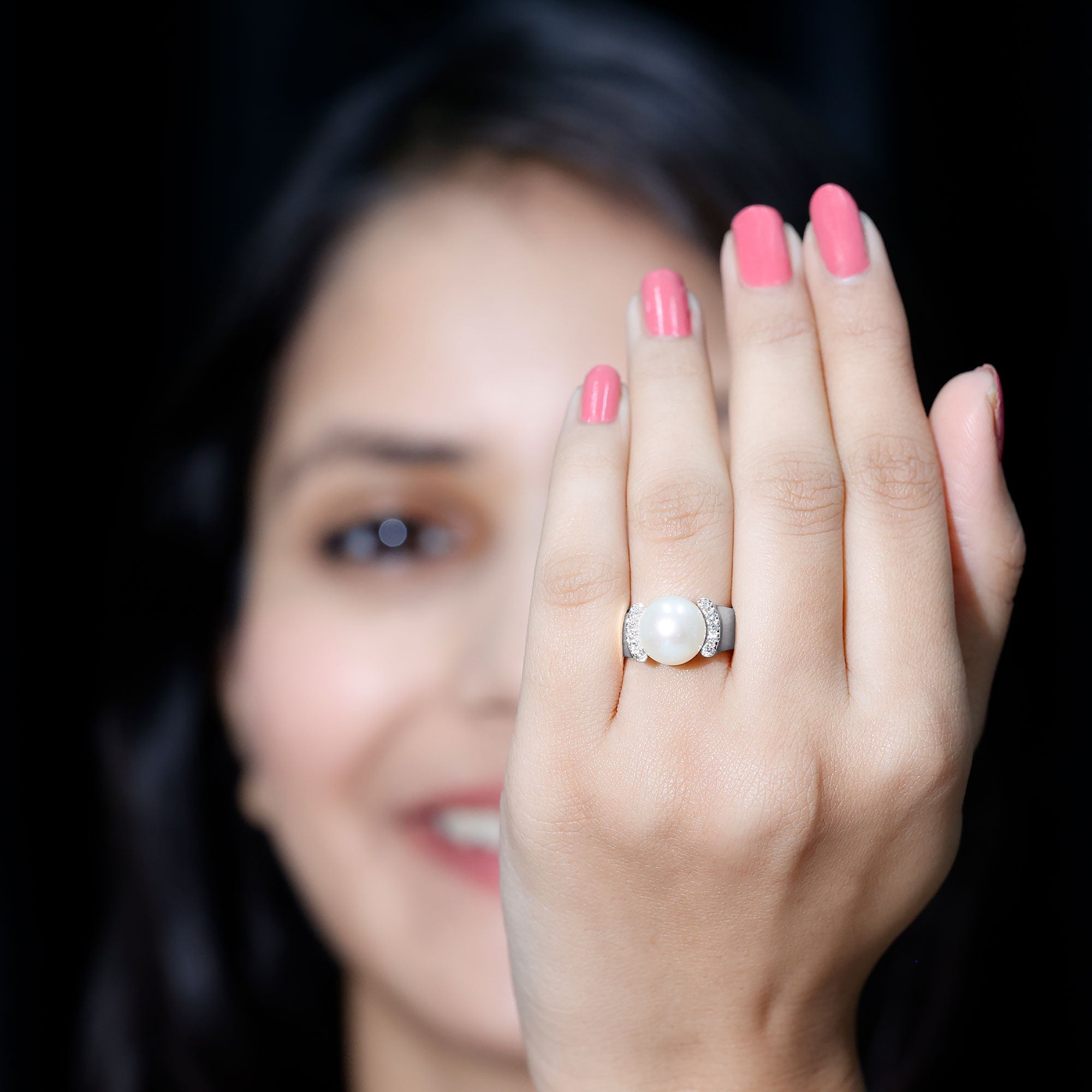 8 Carat Freshwater Pearl Statement Engagement Ring with Diamond AAA - Rosec Jewels