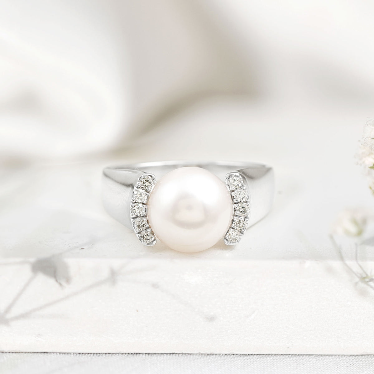8 Carat Freshwater Pearl Statement Engagement Ring with Diamond AAA - Rosec Jewels