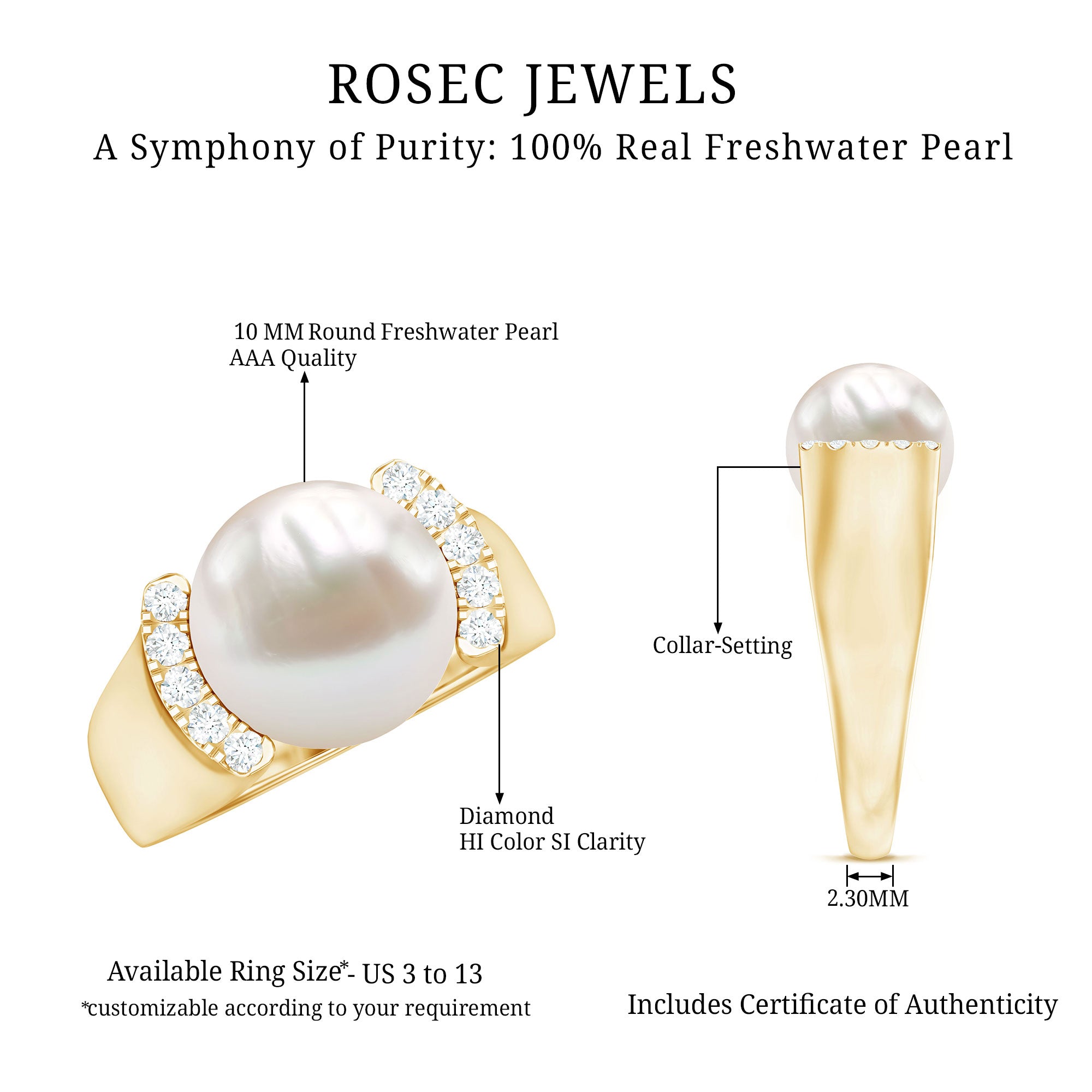 8 Carat Freshwater Pearl Statement Engagement Ring with Diamond AAA - Rosec Jewels
