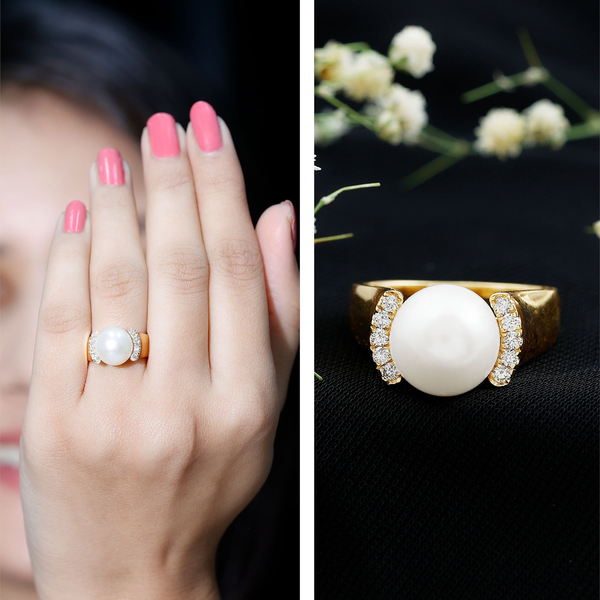 8 Carat Freshwater Pearl Statement Engagement Ring with Diamond AAA - Rosec Jewels