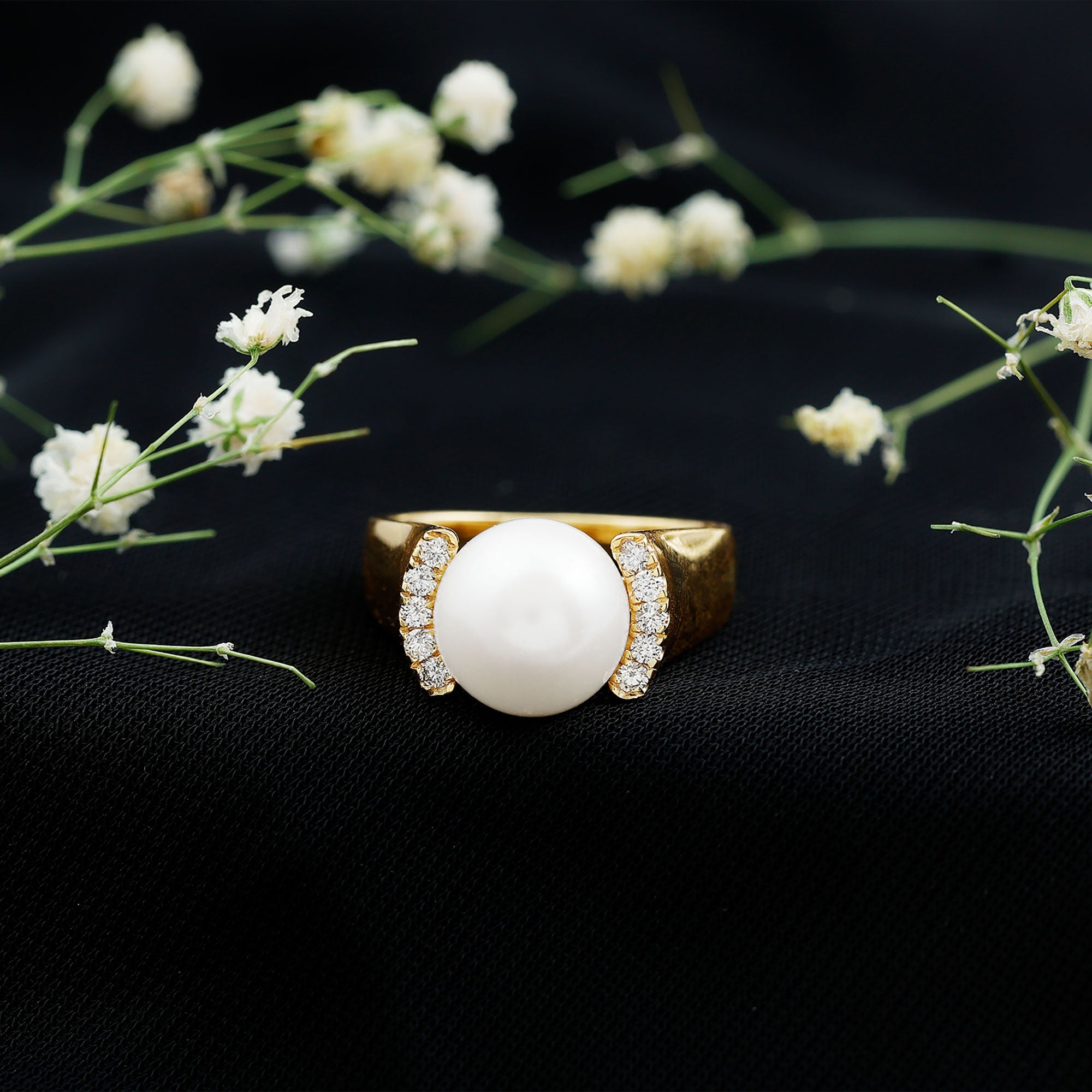 8 Carat Freshwater Pearl Statement Engagement Ring with Diamond AAA - Rosec Jewels