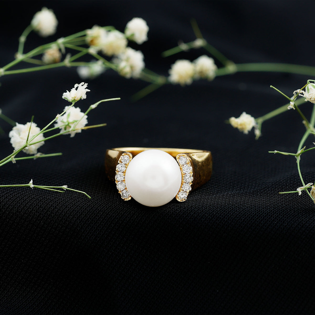 8 Carat Freshwater Pearl Statement Engagement Ring with Diamond AAA - Rosec Jewels