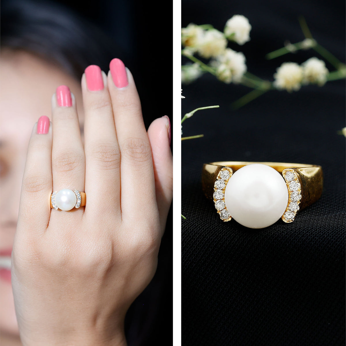 8 Carat Freshwater Pearl Statement Engagement Ring with Diamond AAA - Rosec Jewels