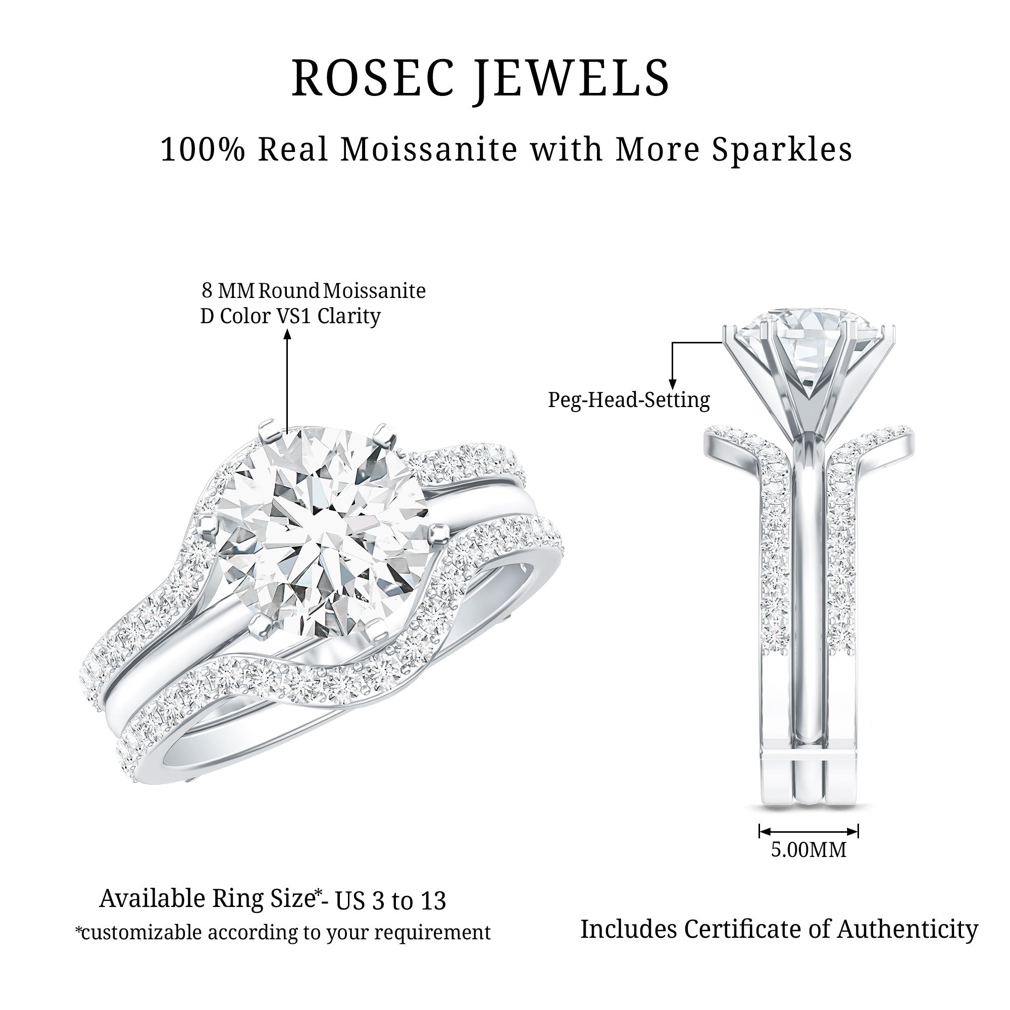 Certified 2 Carat Solitaire Moissanite Engagement Ring with 2 Enhancers D-VS1 - Rosec Jewels