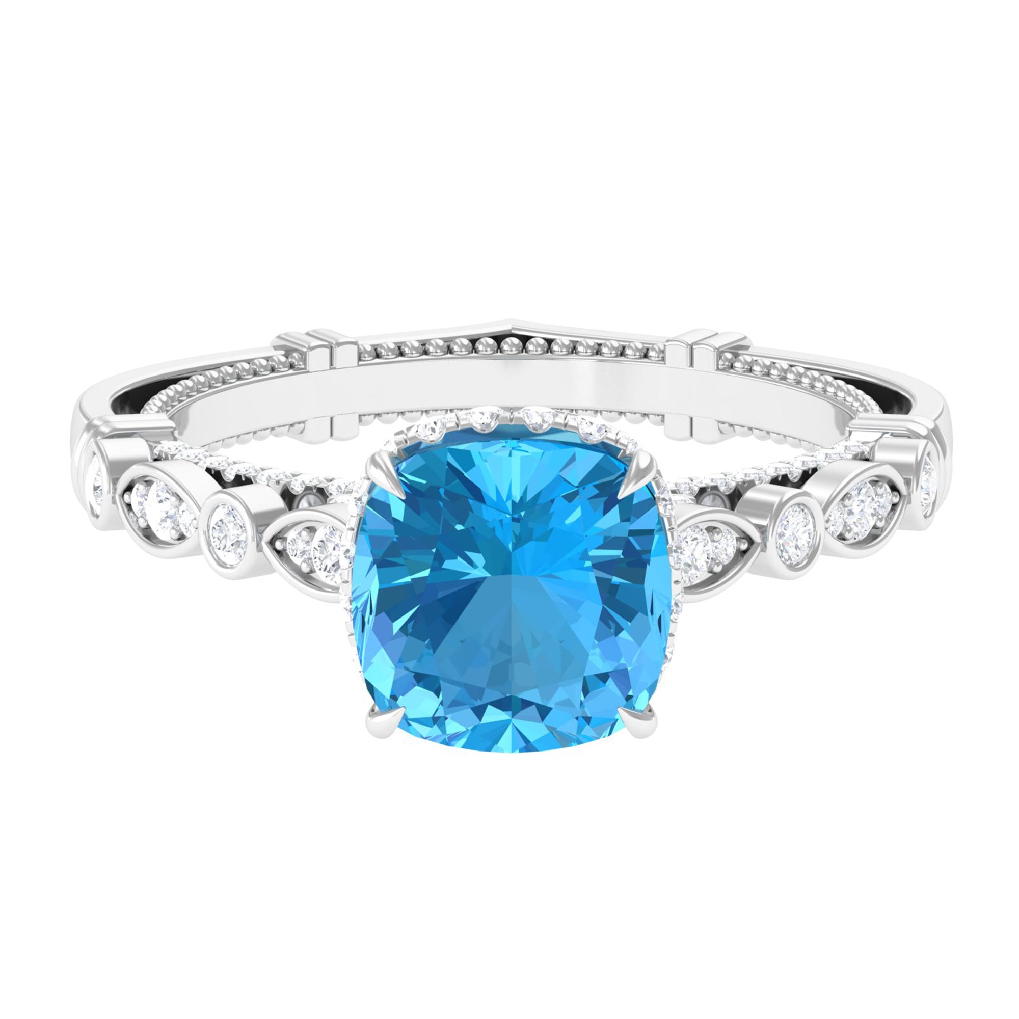 3.25 CT Cushion Cut Swiss Blue Topaz Solitaire and Moissanite Side Stone Ring