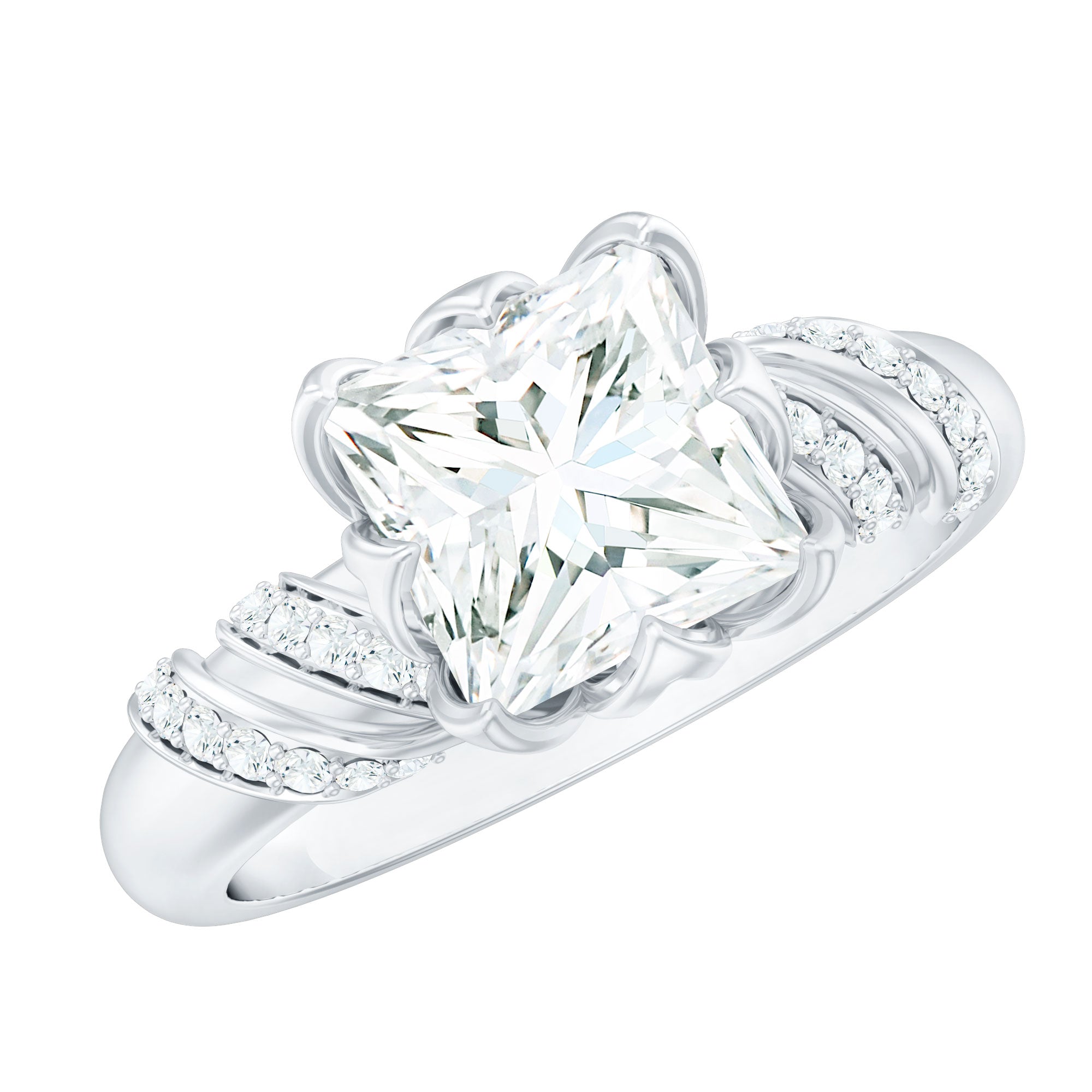 Certified Princess Cut Moissanite Designer Engagement Ring