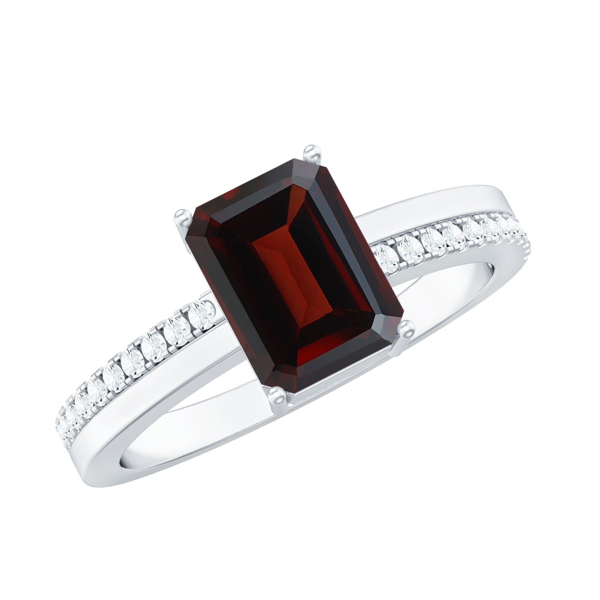 Natural 6X8mm Garnet Emerald Cut Engagement Ring with Diamond
