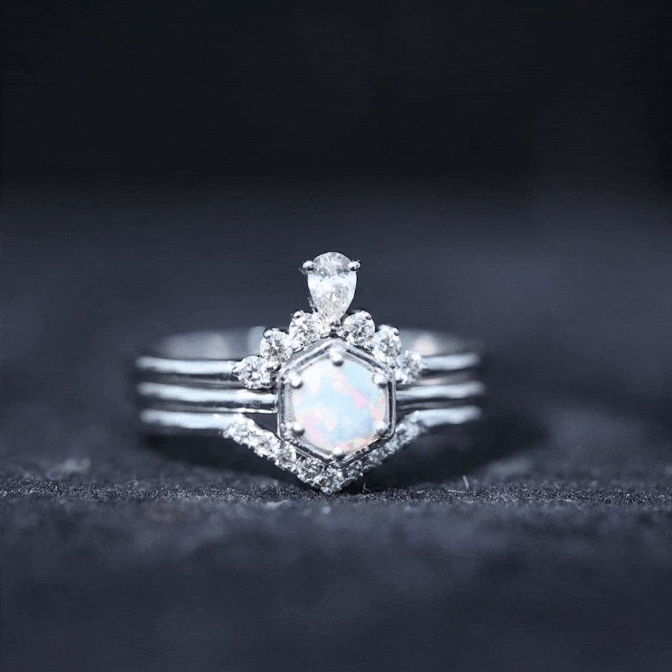 Vintage Inspired Opalescent Diamond Wedding Engagement Ring Set of 3 AAA - Rosec Jewels