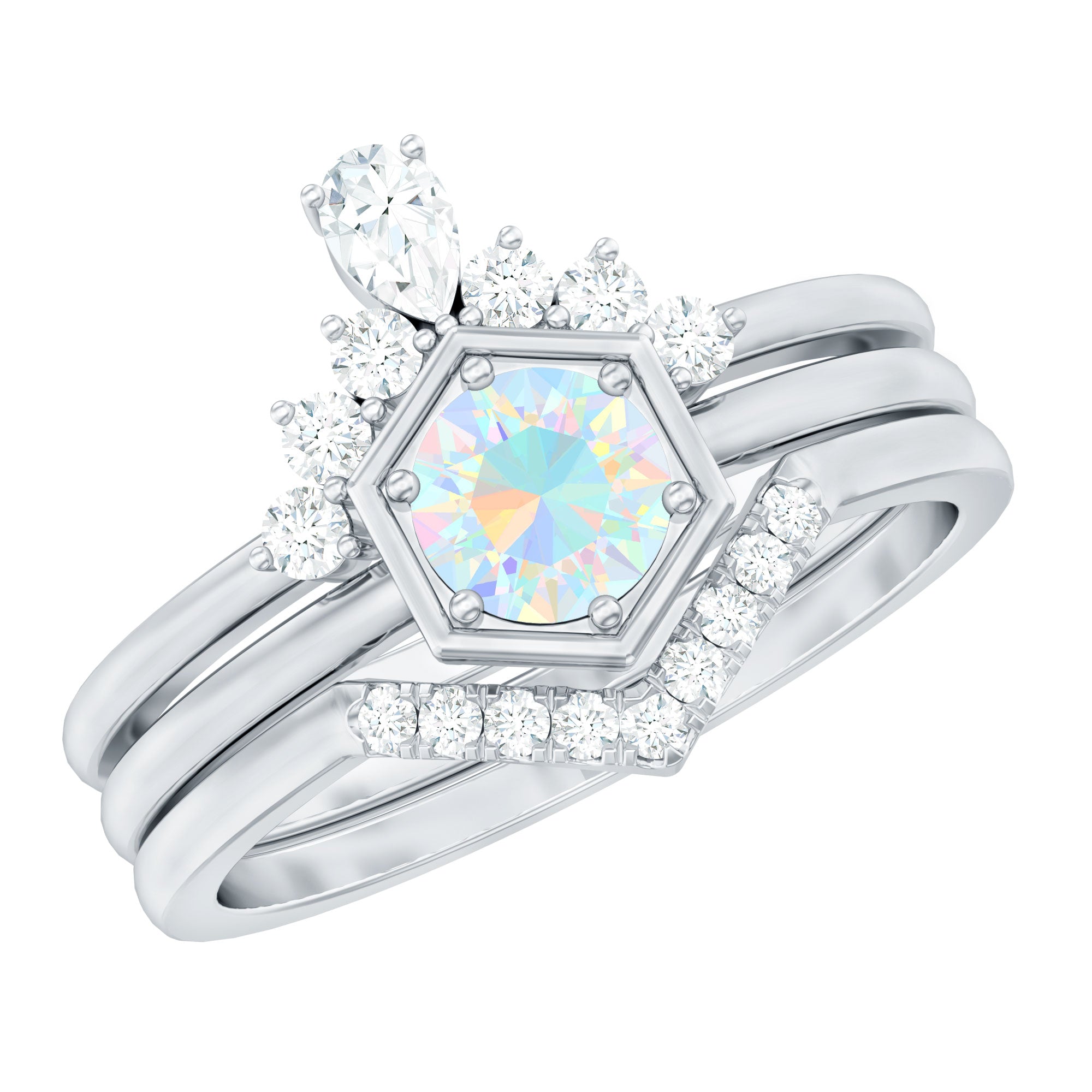 Vintage Inspired Opalescent Diamond Wedding Engagement Ring Set of 3