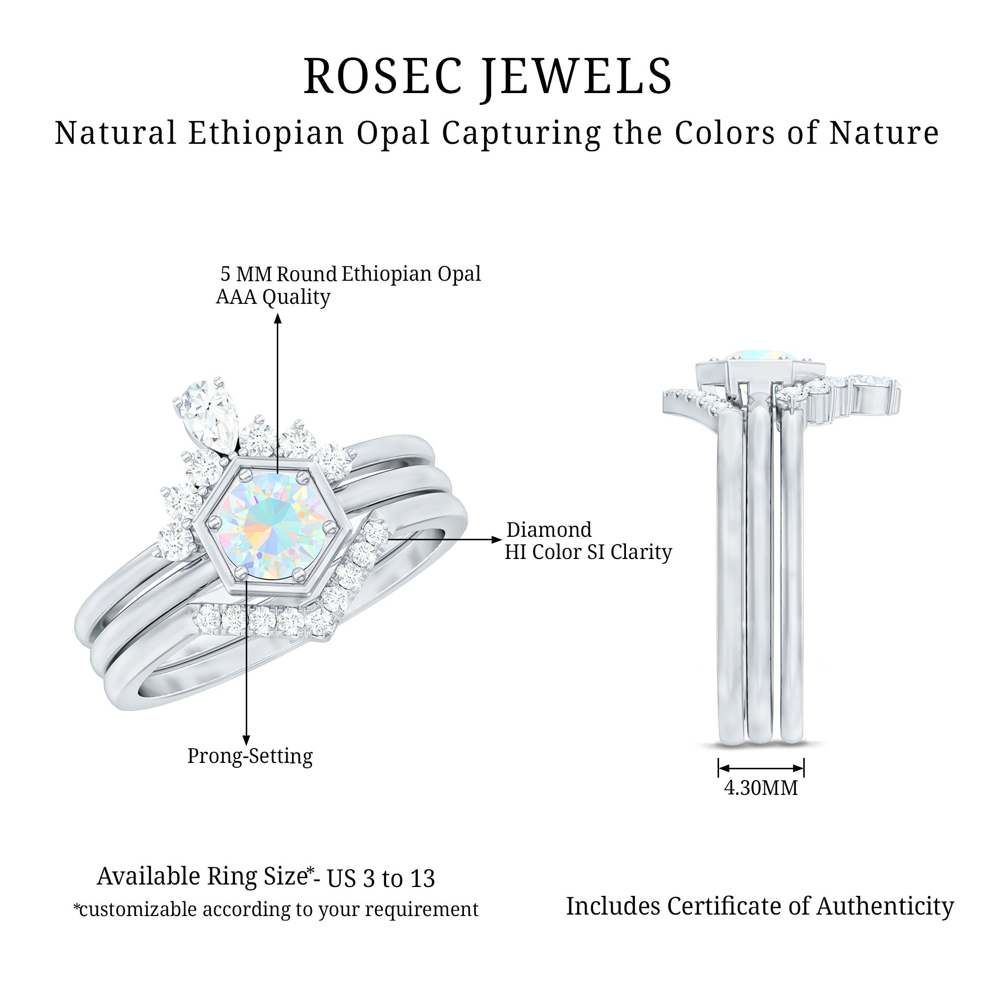 Vintage Inspired Opalescent Diamond Wedding Engagement Ring Set of 3 AAA - Rosec Jewels