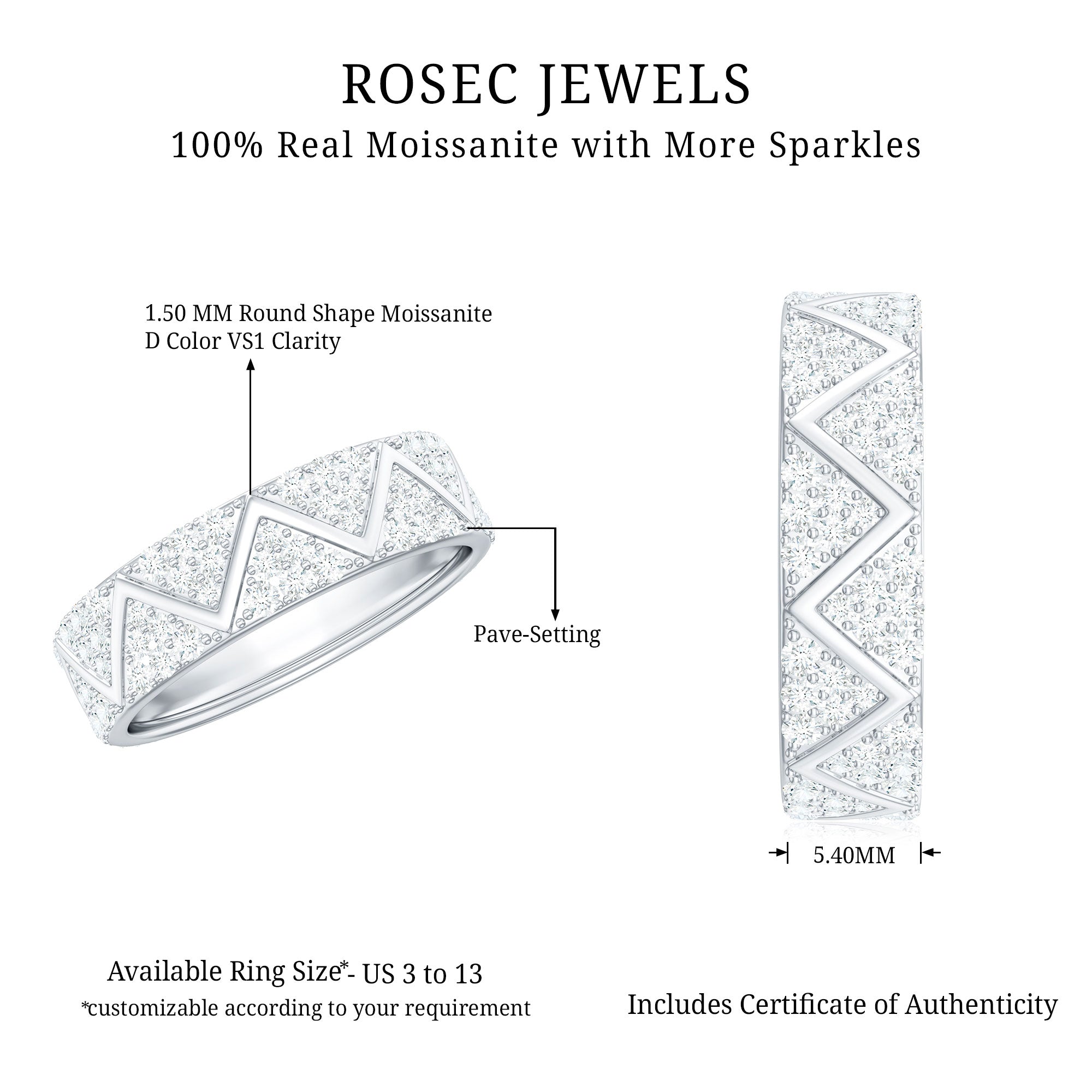Certified Moissanite Wide Eternity Band Ring D-VS1 - Rosec Jewels
