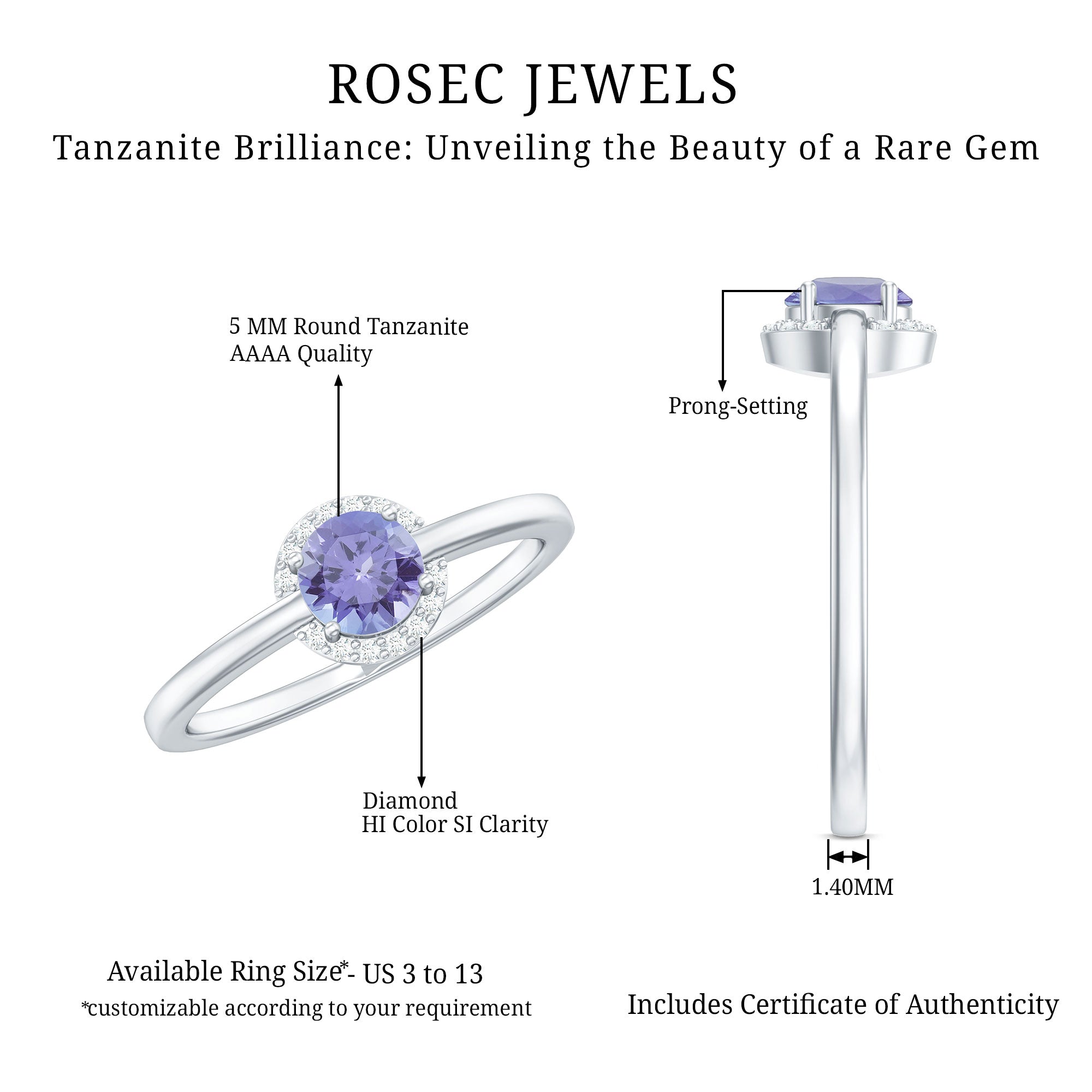 Rosec Jewels-Natural Tanzanite Engagement Ring with Diamond Halo