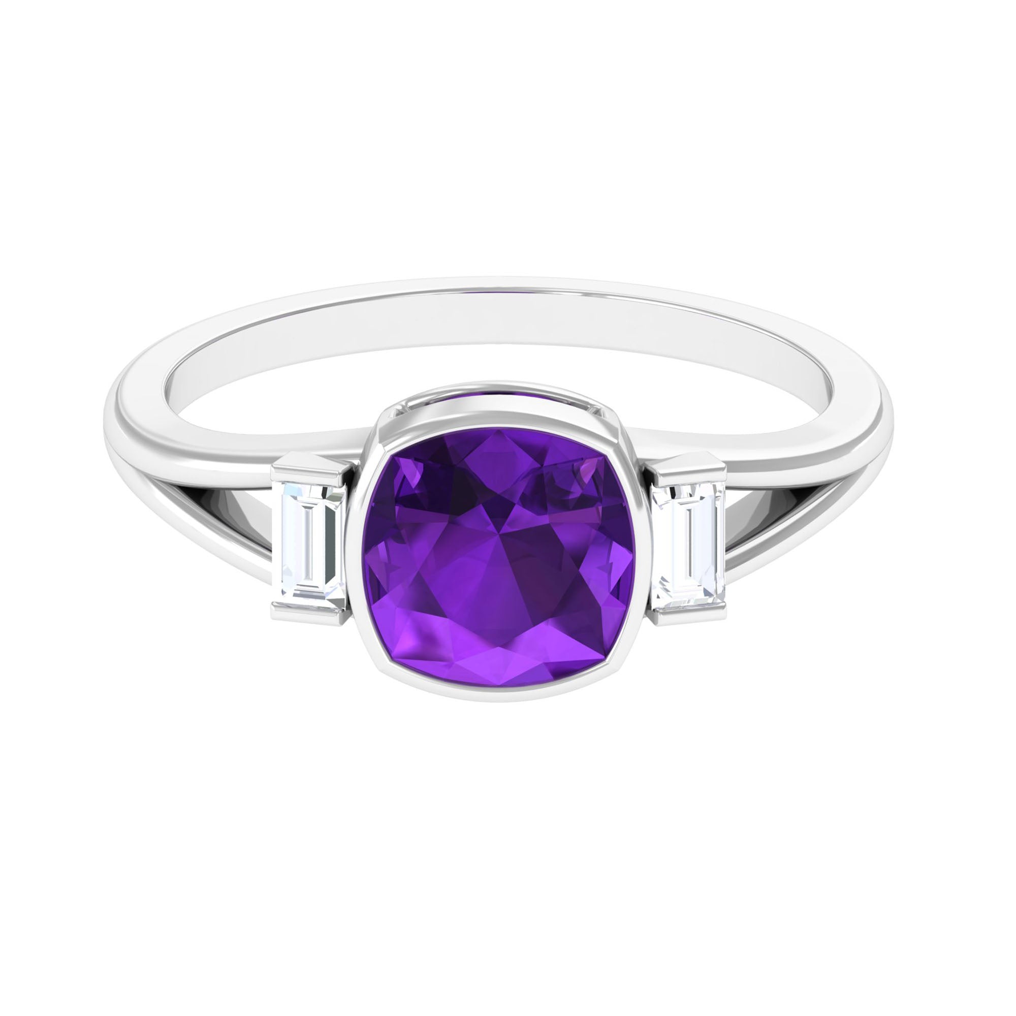 1.50 CT Cushion Cut Amethyst Engagement Ring with Baguette Diamond