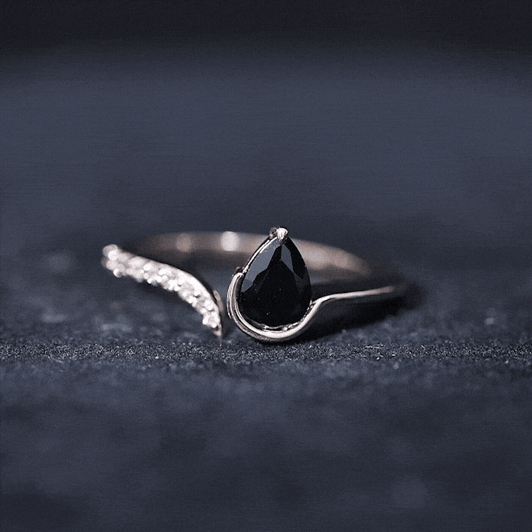 Pear Shaped Black Onyx Promise Ring with Diamonds AAA - Rosec Jewels