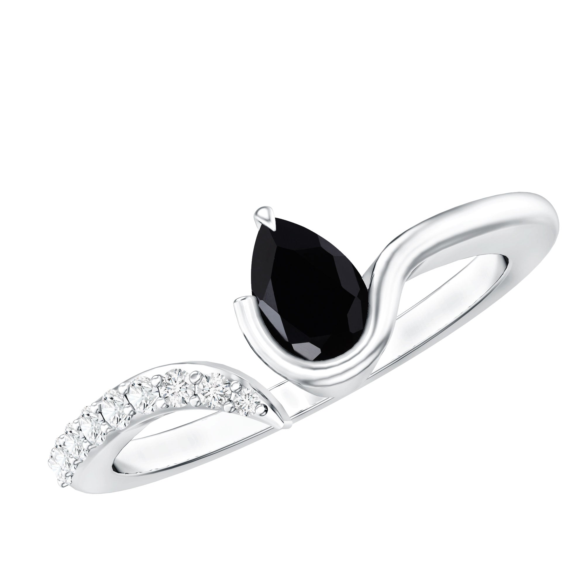 Pear Shaped Black Onyx Promise Ring with Diamonds AAA - Rosec Jewels