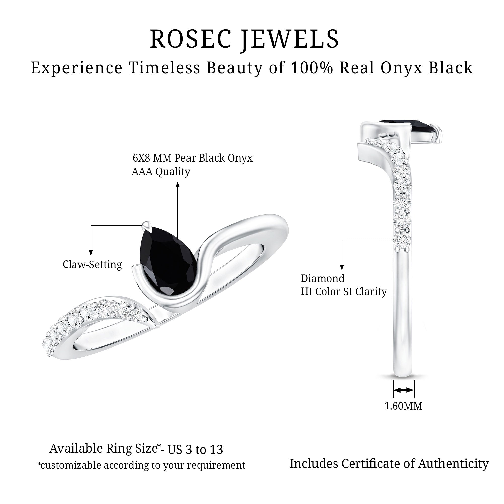 Pear Shaped Black Onyx Promise Ring with Diamonds AAA - Rosec Jewels