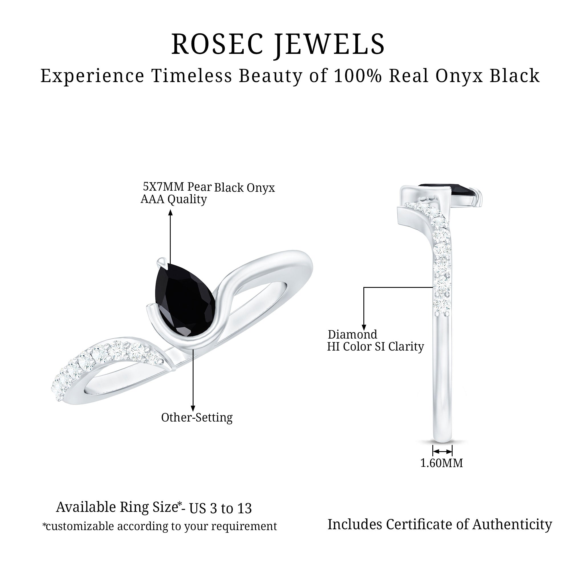 Pear Shaped Black Onyx Promise Ring with Diamonds AAA - Rosec Jewels