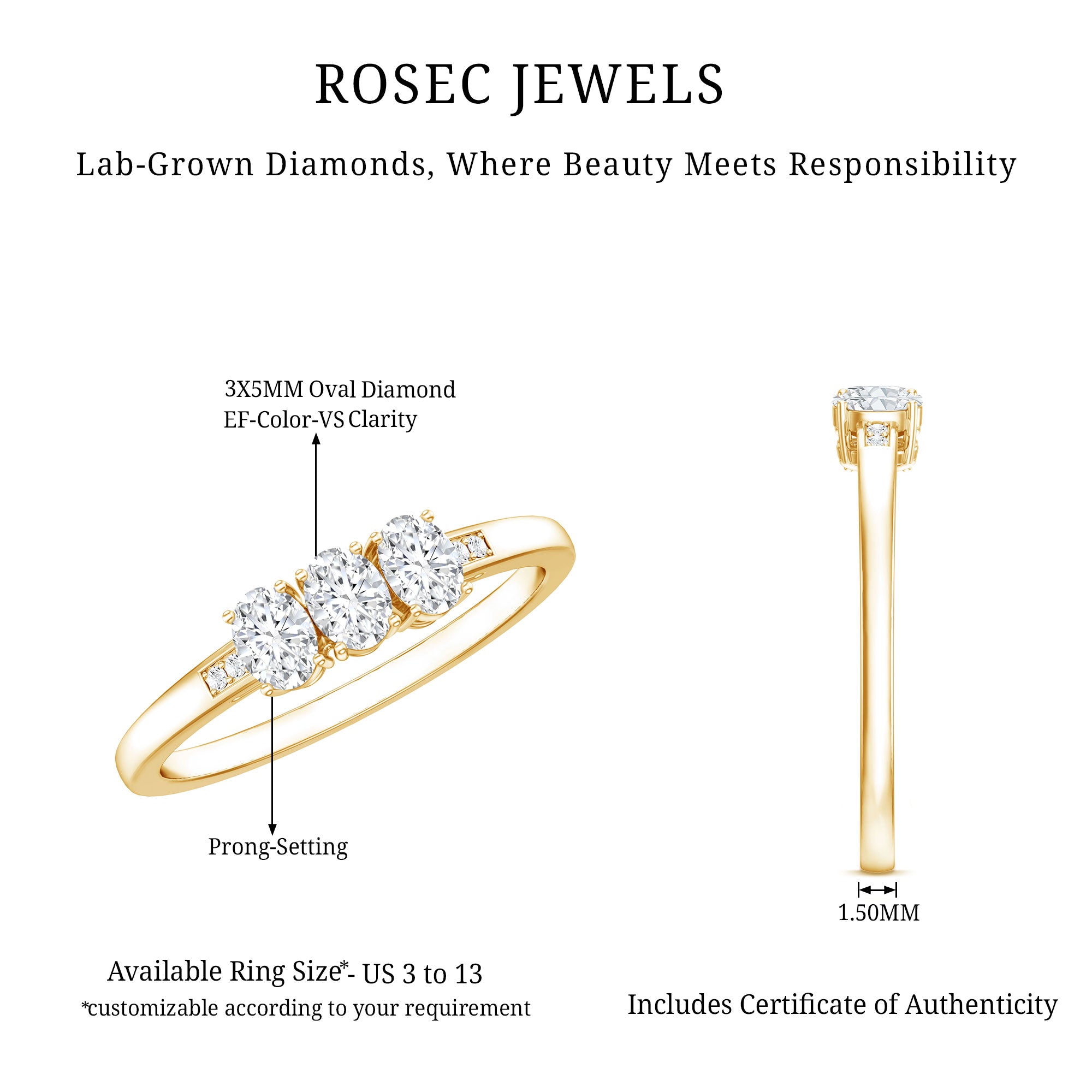 Lab Grown Oval Diamond 3 Stone Engagement Ring Lab - ( EF-VS ) - Rosec Jewels