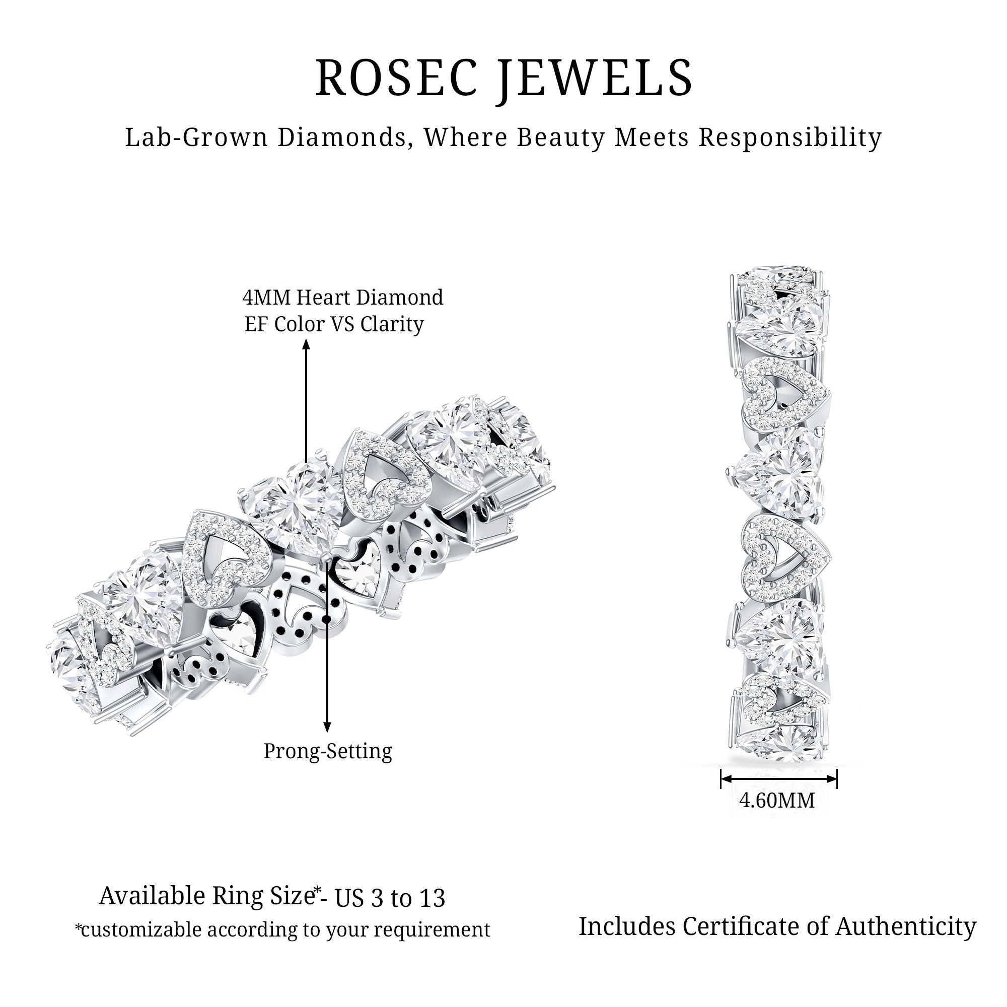 Certified Lab Grown Diamond Heart Wedding Band Lab - ( EF-VS ) - Rosec Jewels