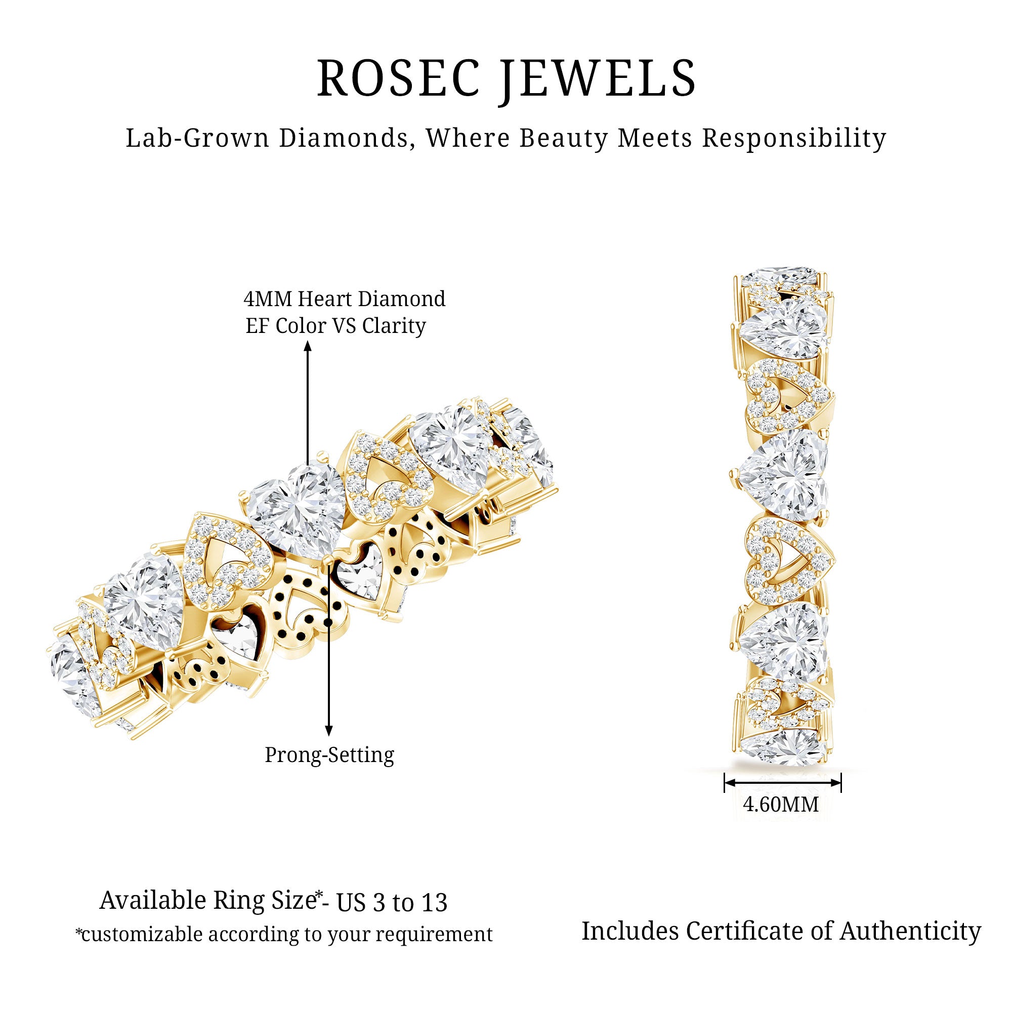 Certified Lab Grown Diamond Heart Wedding Band Lab - ( EF-VS ) - Rosec Jewels