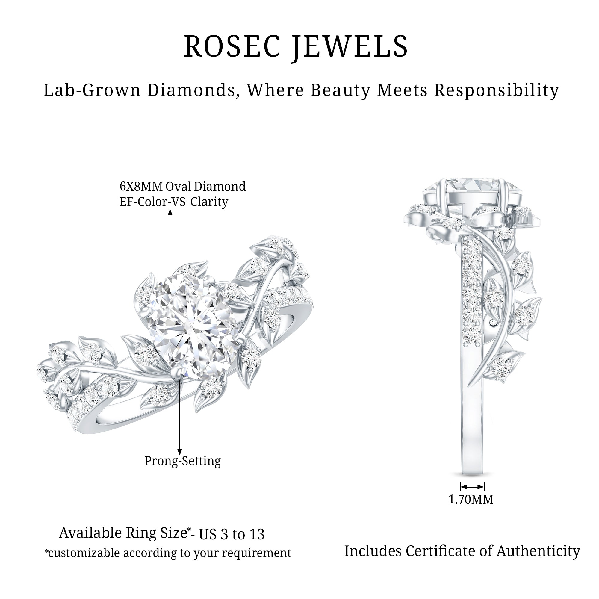 6X8MM Oval Lab Grown Diamond Petal Prong Engagement Ring Lab - ( EF-VS ) - Rosec Jewels