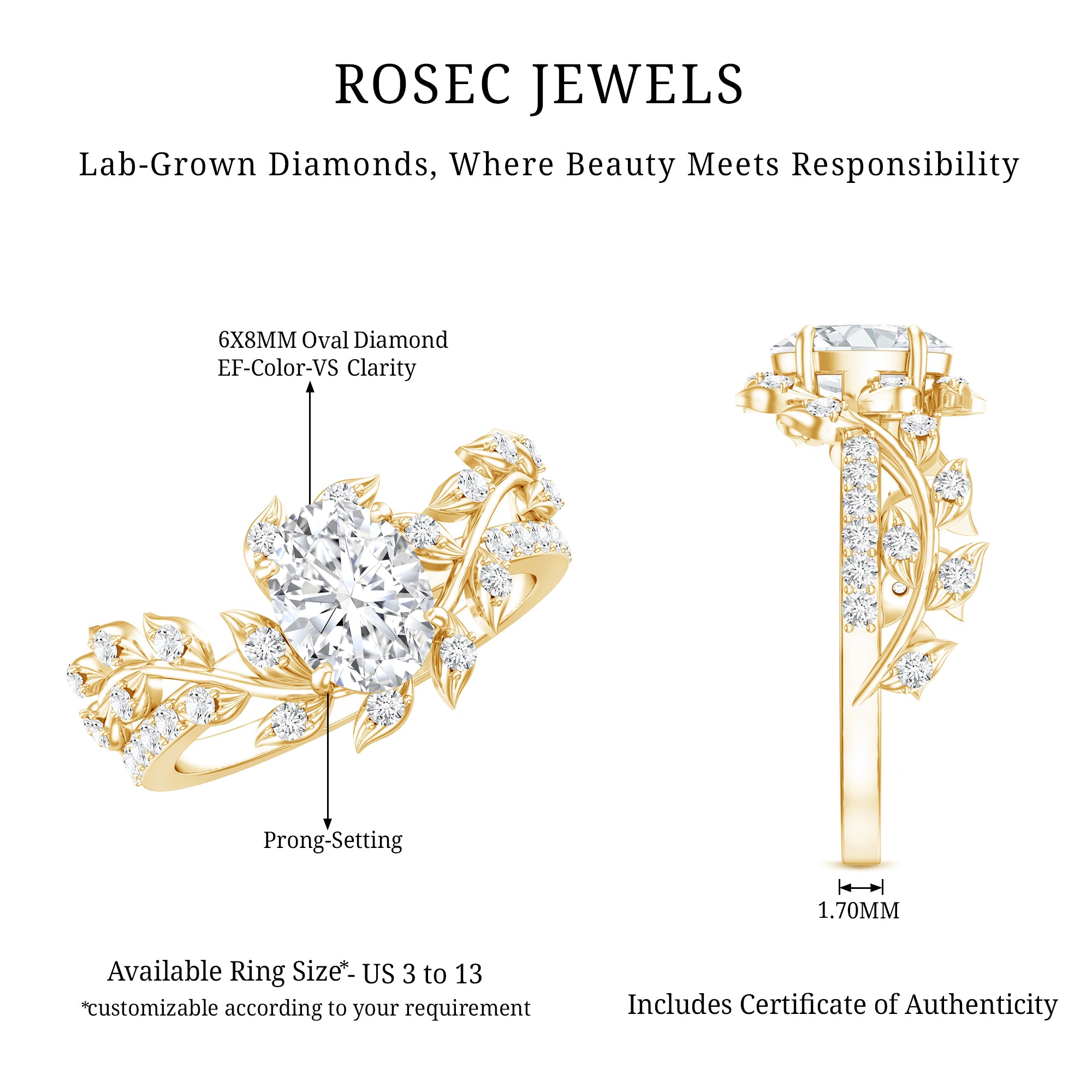 6X8MM Oval Lab Grown Diamond Petal Prong Engagement Ring Lab - ( EF-VS ) - Rosec Jewels