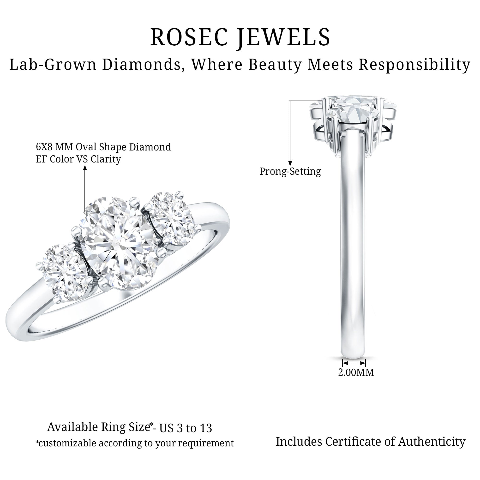 Rosec Jewels-Certified Lab Grown Diamond 3 Stone Engagement Ring For Women