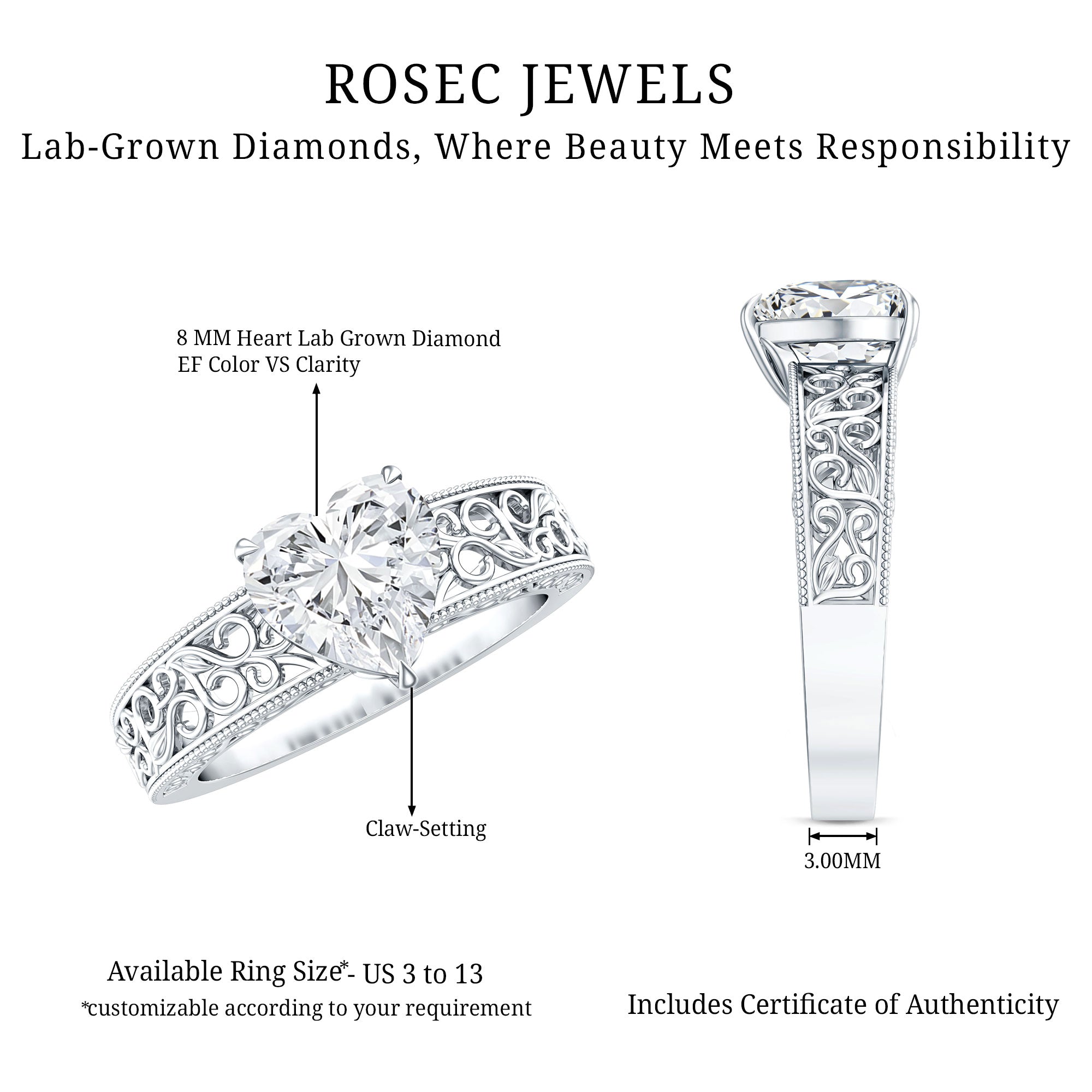 2 Carat Lab Grown Diamond Heart Engagement Ring Lab - ( EF-VS ) - Rosec Jewels