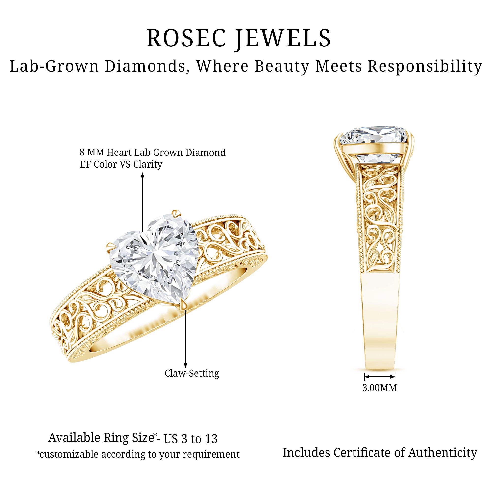2 Carat Lab Grown Diamond Heart Engagement Ring Lab - ( EF-VS ) - Rosec Jewels