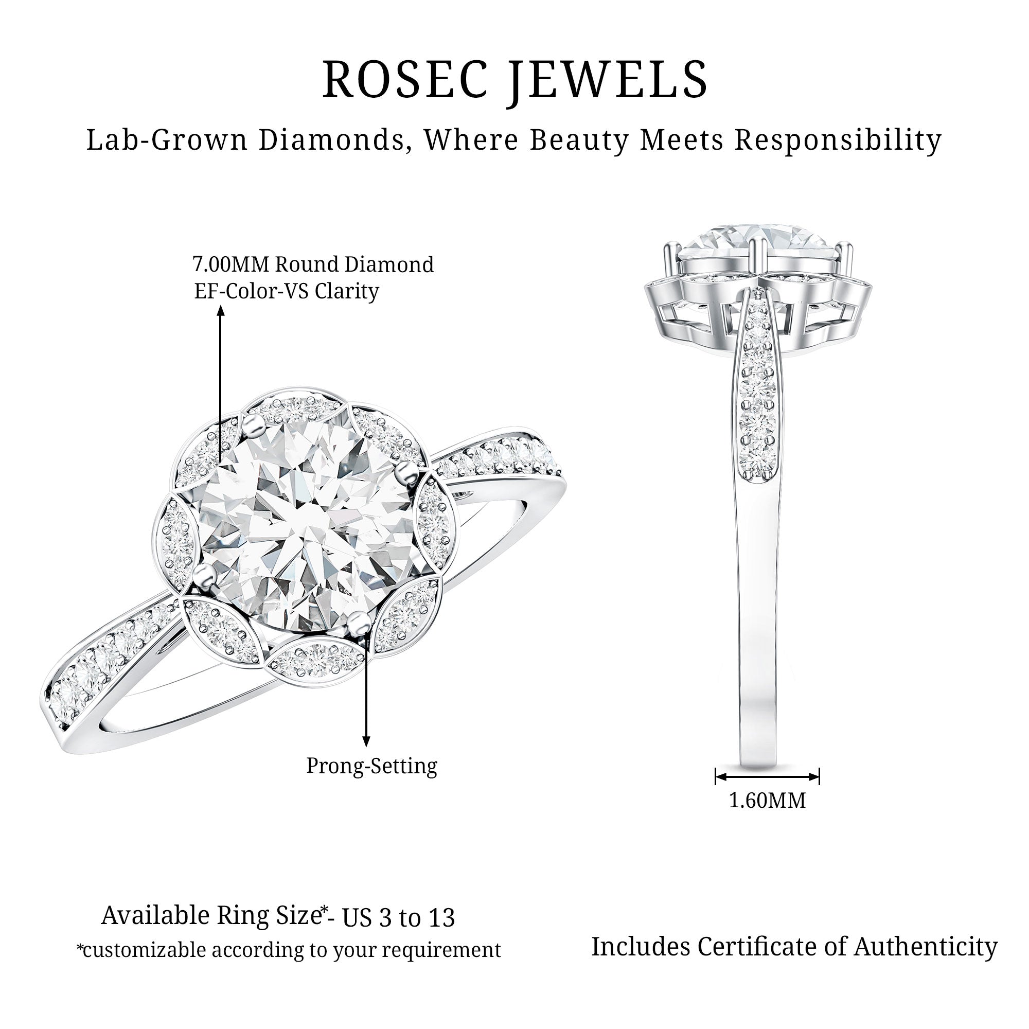 Certified 1.2 Carat Lab Grown Diamond Halo Engagement Ring Lab - ( EF-VS ) - Rosec Jewels