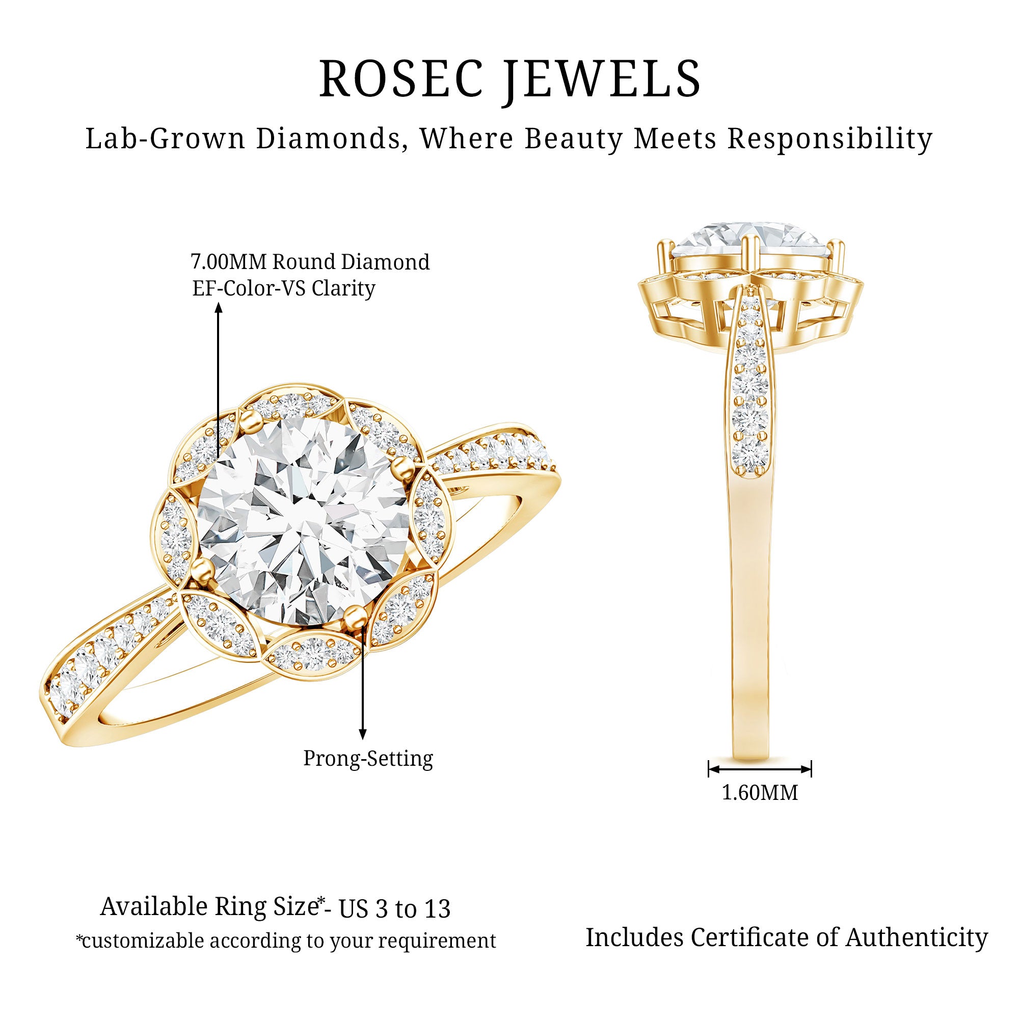 Certified 1.2 Carat Lab Grown Diamond Halo Engagement Ring Lab - ( EF-VS ) - Rosec Jewels