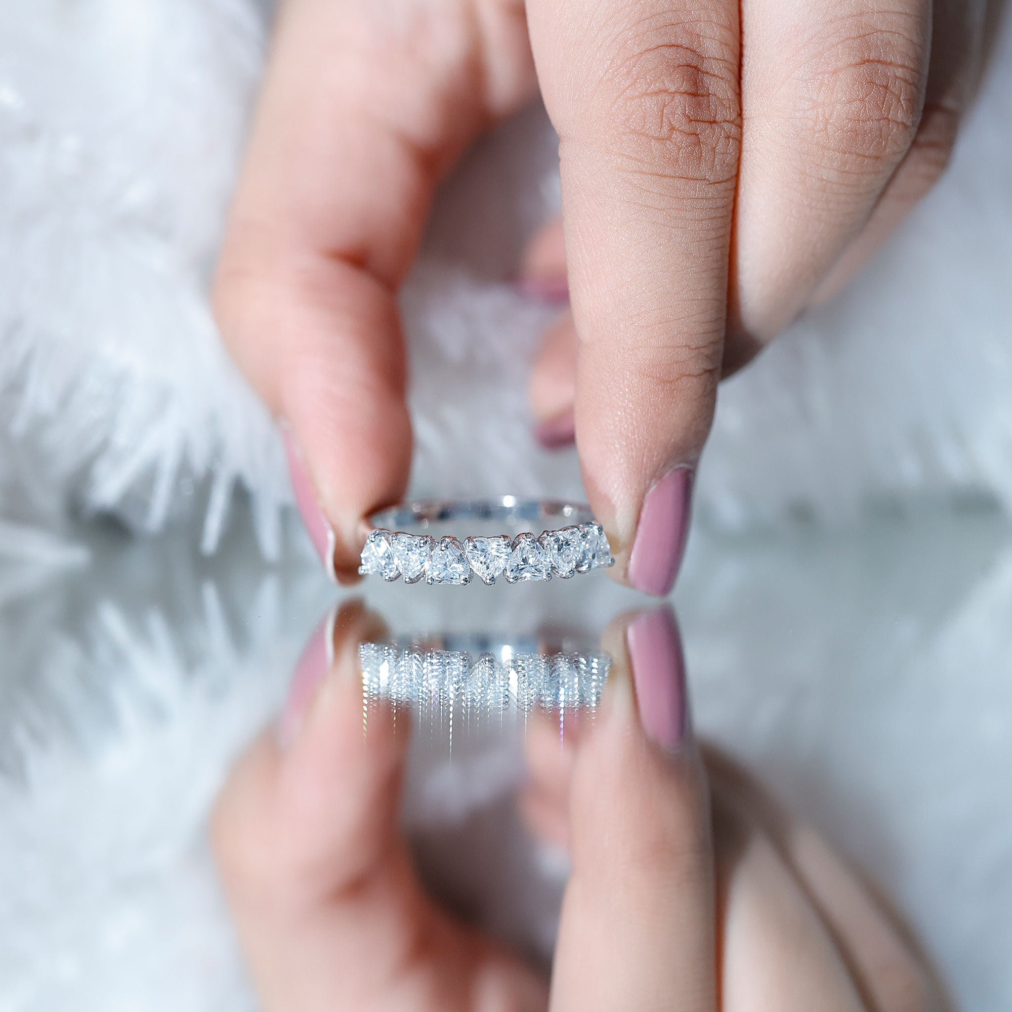 Certified Lab Heart Shaped Diamond Half Eternity Ring Lab - ( EF-VS ) - Rosec Jewels