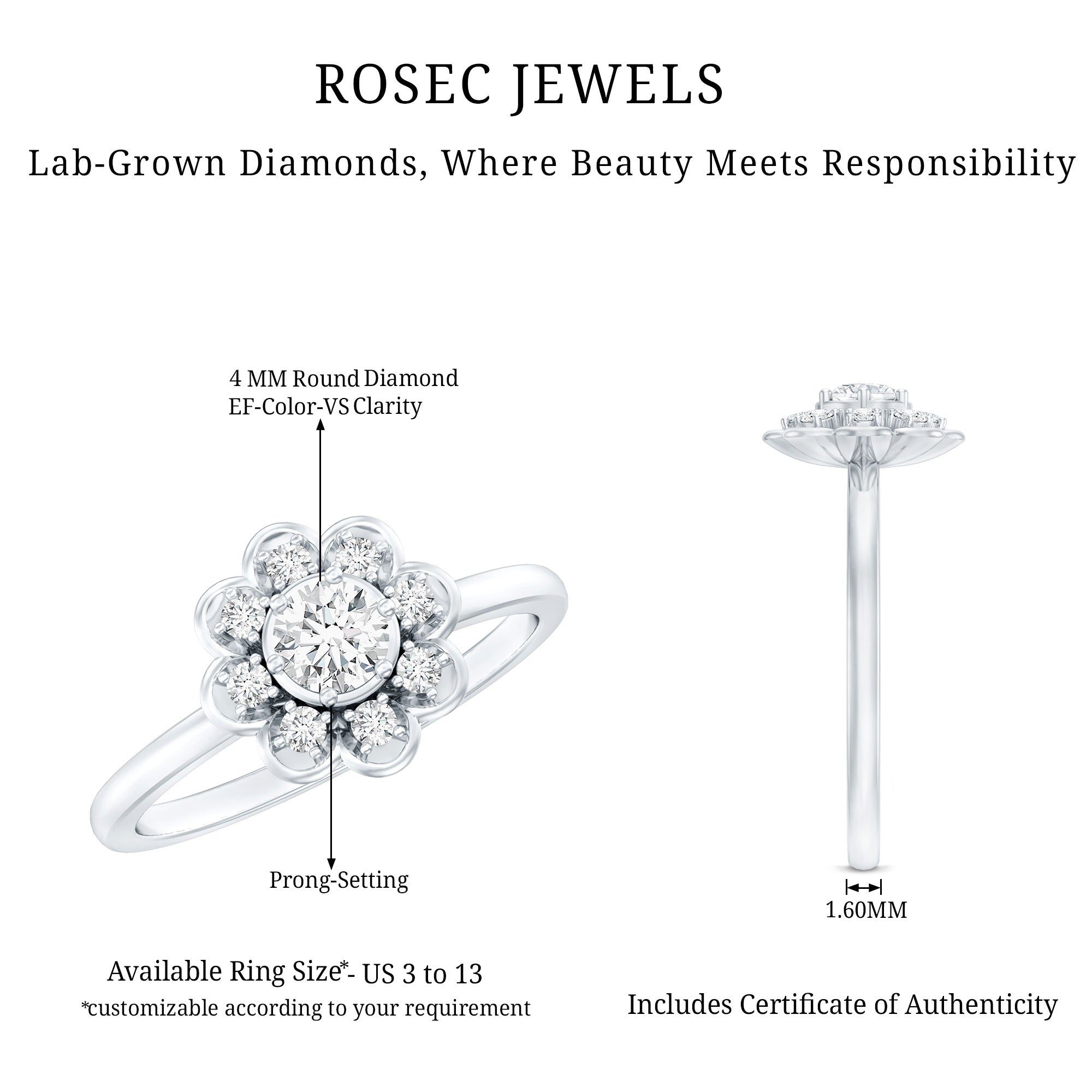 Certified Lab Grown Diamond Flower Promise Ring For Women Lab - ( EF-VS ) - Rosec Jewels