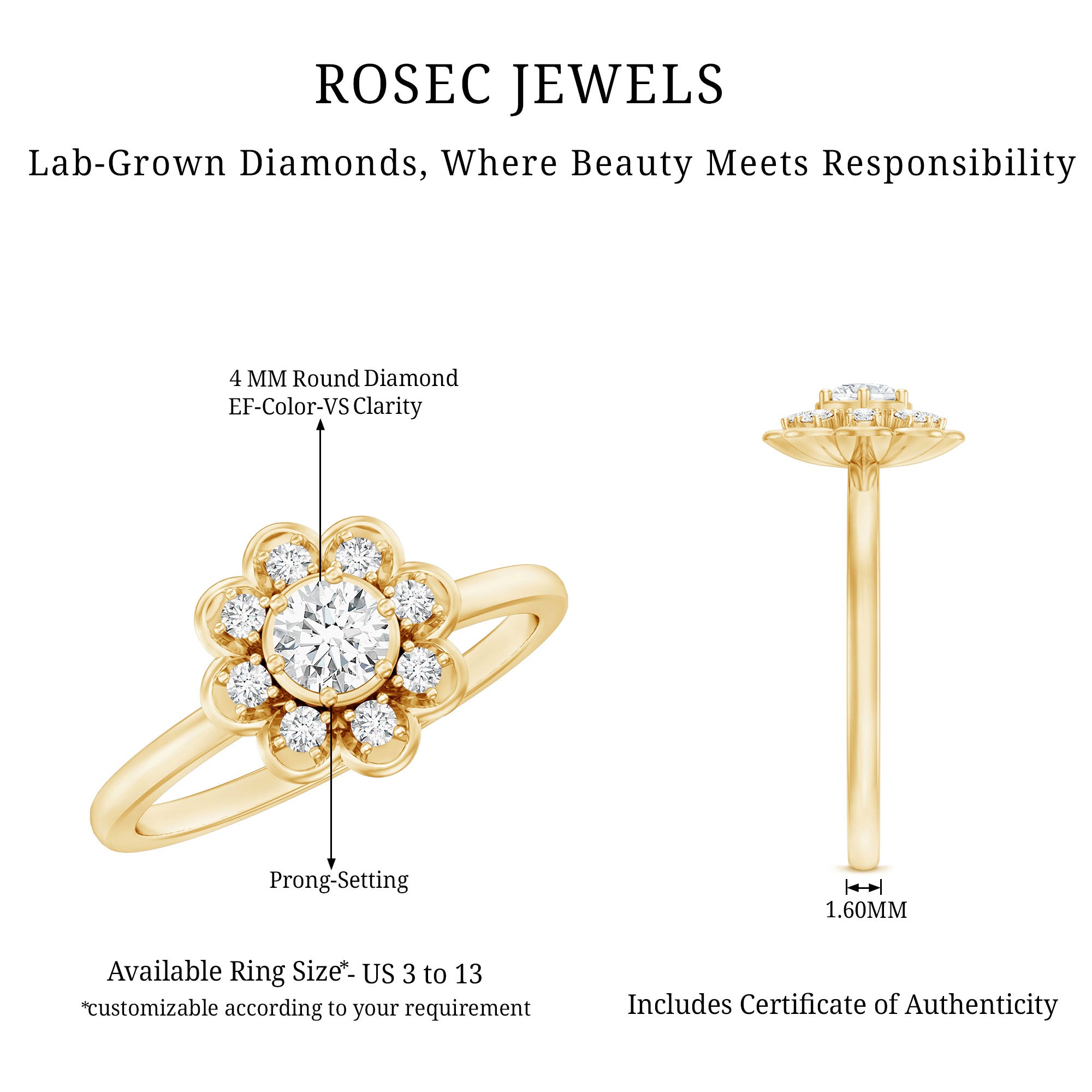 Certified Lab Grown Diamond Flower Promise Ring For Women Lab - ( EF-VS ) - Rosec Jewels