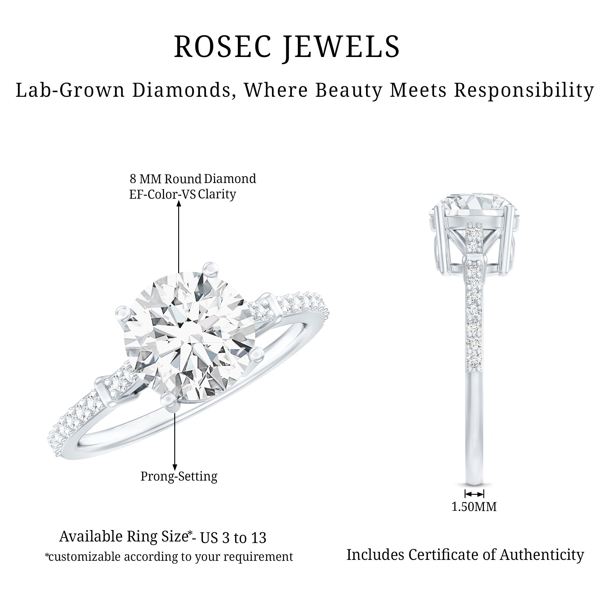 Certified 2 Carat Lab Grown Diamond Simple Engagement Ring Lab - ( EF-VS ) - Rosec Jewels