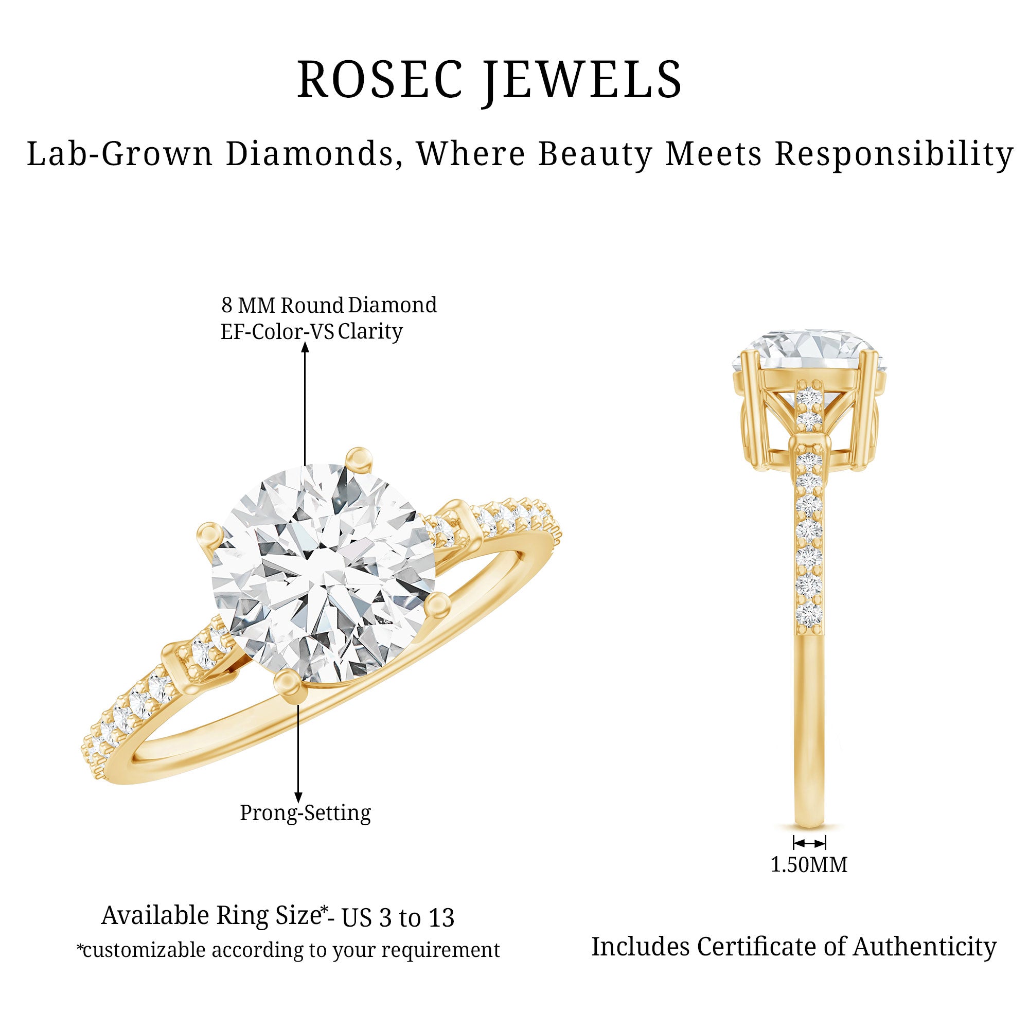 Certified 2 Carat Lab Grown Diamond Simple Engagement Ring Lab - ( EF-VS ) - Rosec Jewels